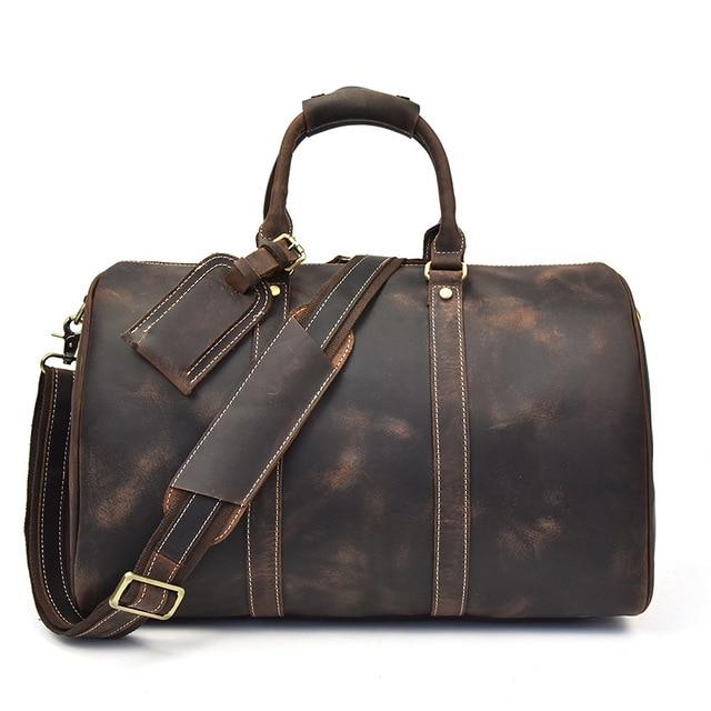 The Brandt Weekender small leather duffle bag in high-quality crazy horse leather, showcasing its spacious design and stylish appearance.