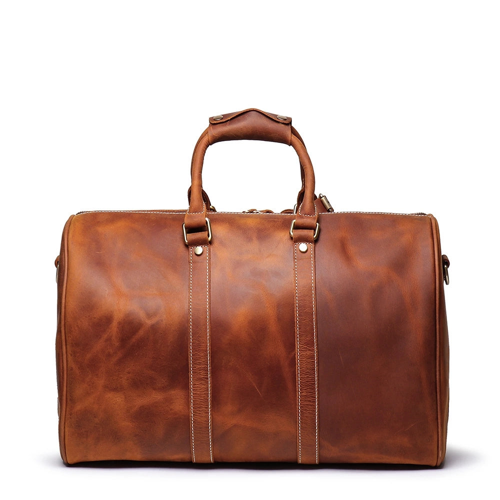 The Brandt Weekender small leather duffle bag in high-quality crazy horse leather, showcasing its spacious design and stylish appearance.