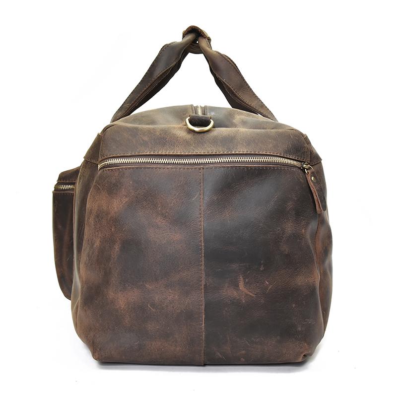 The Colden Duffle Bag made of durable crazy horse leather, featuring a spacious interior and elegant design, perfect for weekend travel.