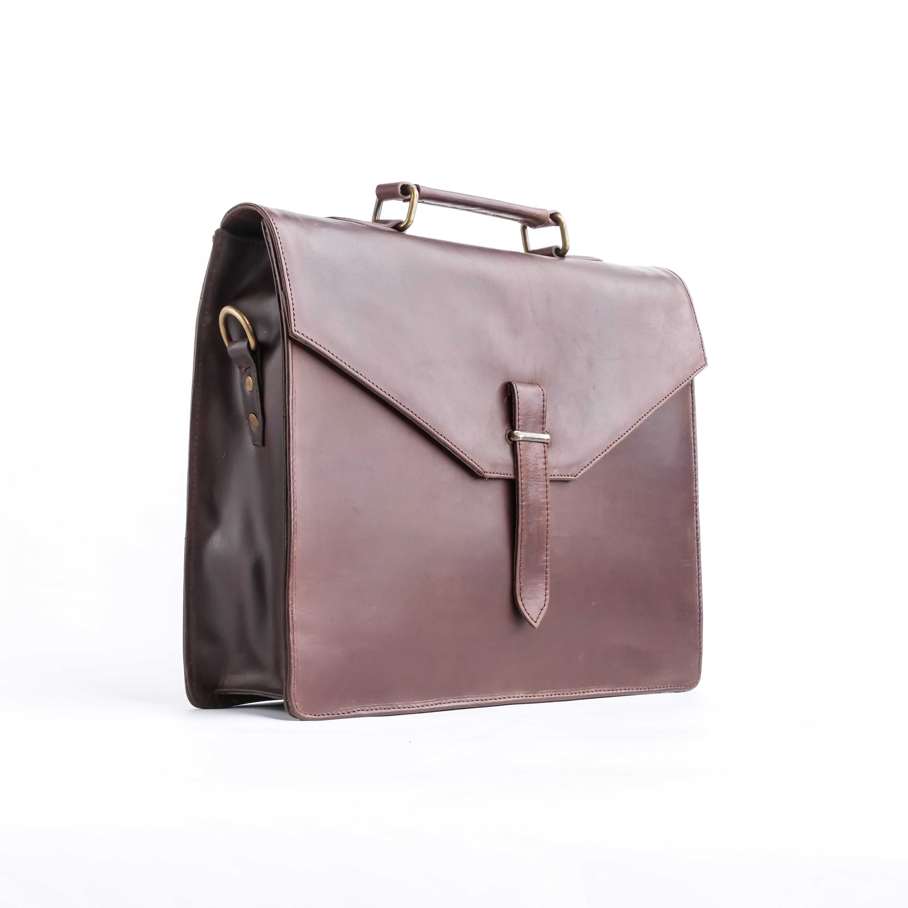 A stylish dark brown corporate pure leather bag with adjustable shoulder strap and top handle, showcasing its spacious compartments and elegant design.