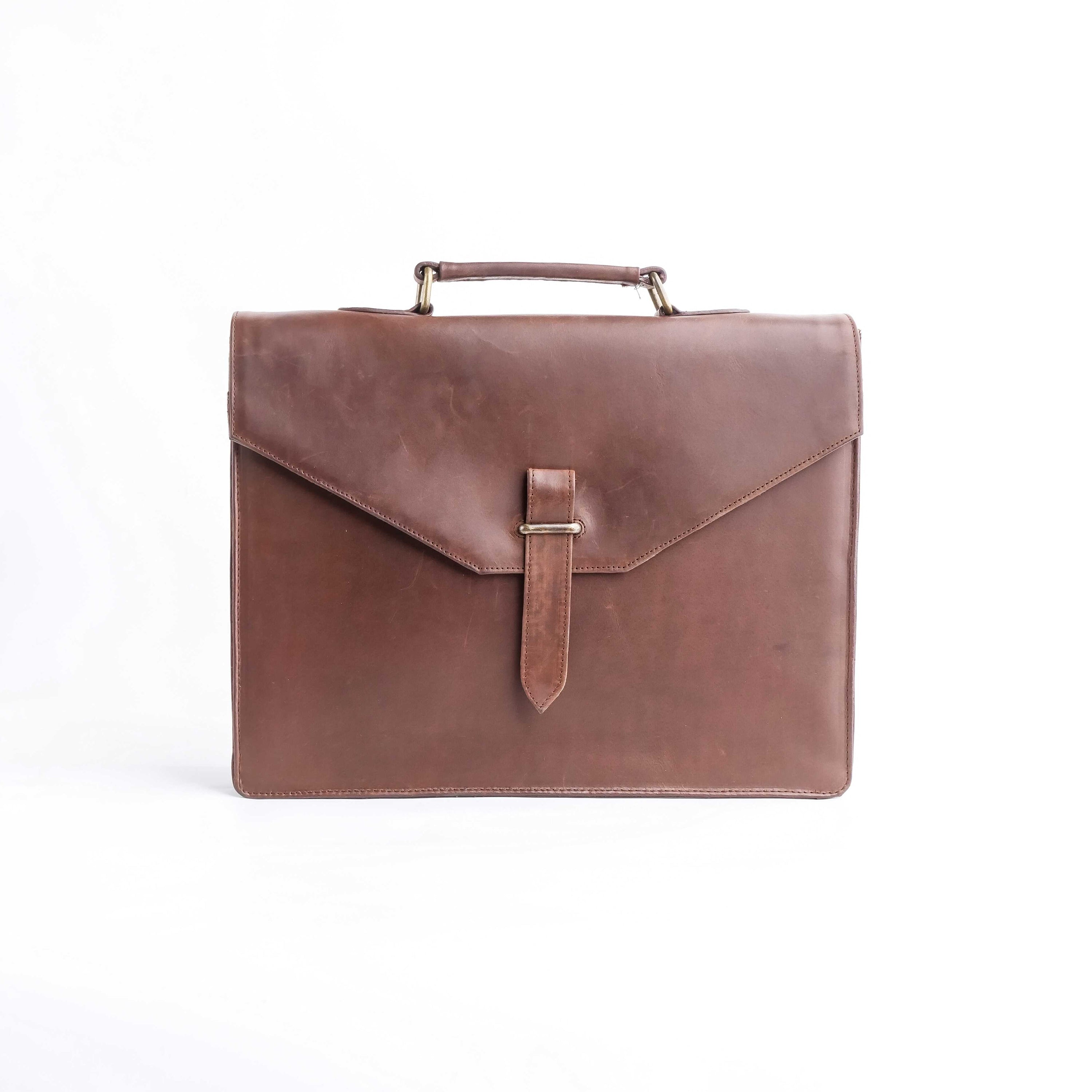 A stylish tan brown corporate pure leather bag, showcasing its elegant design and spacious compartments, perfect for professionals.