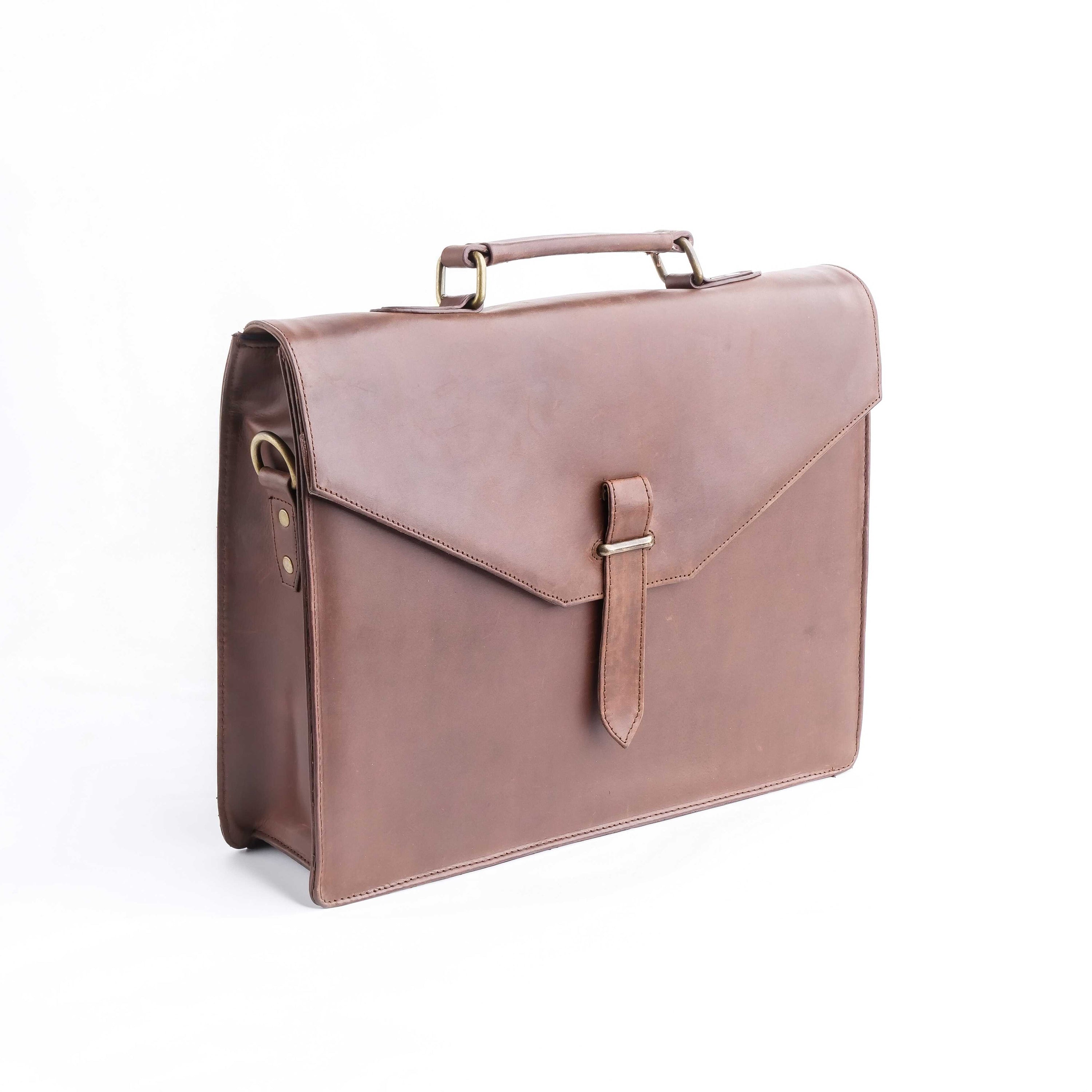 A stylish tan brown corporate pure leather bag, showcasing its elegant design and spacious compartments, perfect for professionals.