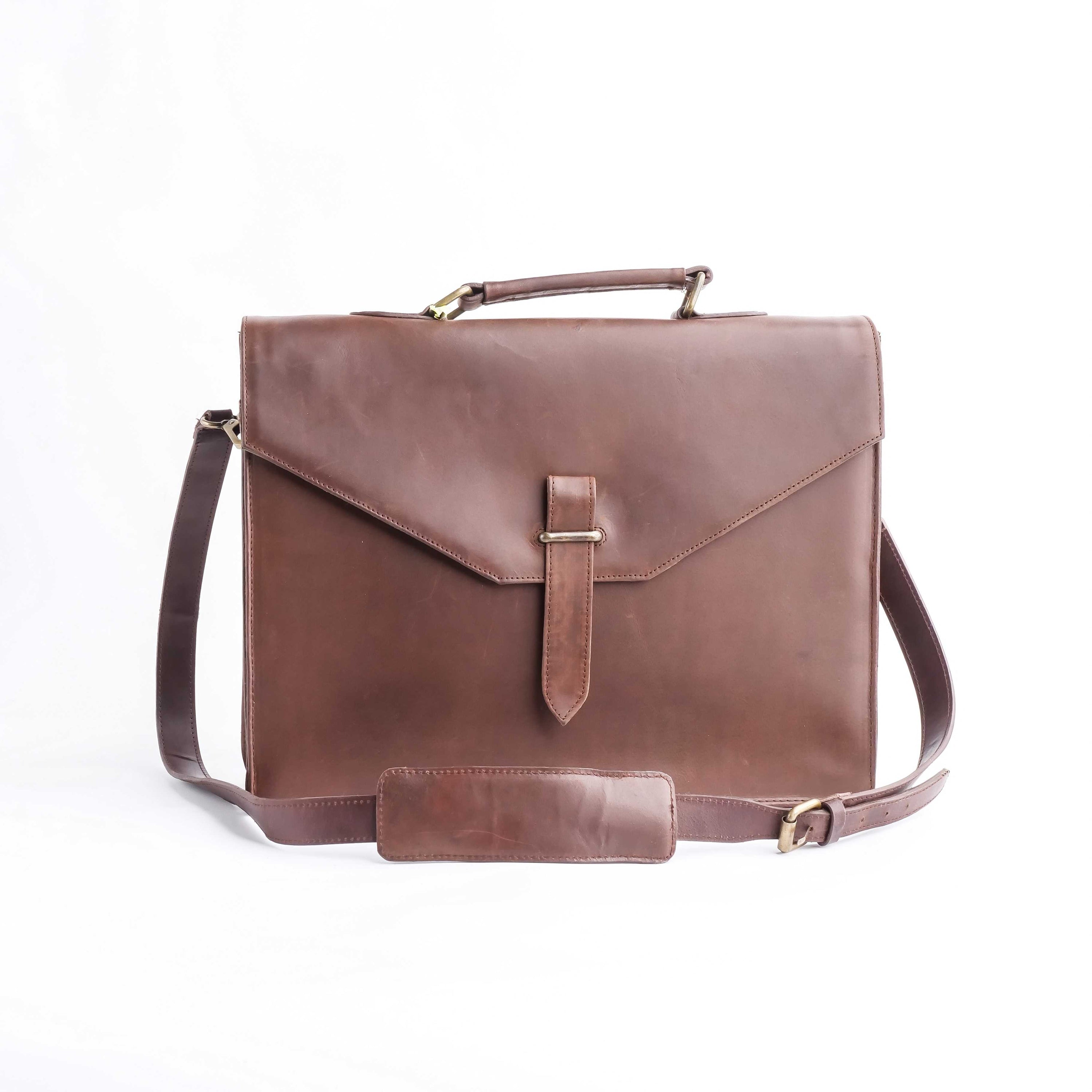 A stylish tan brown corporate pure leather bag, showcasing its elegant design and spacious compartments, perfect for professionals.