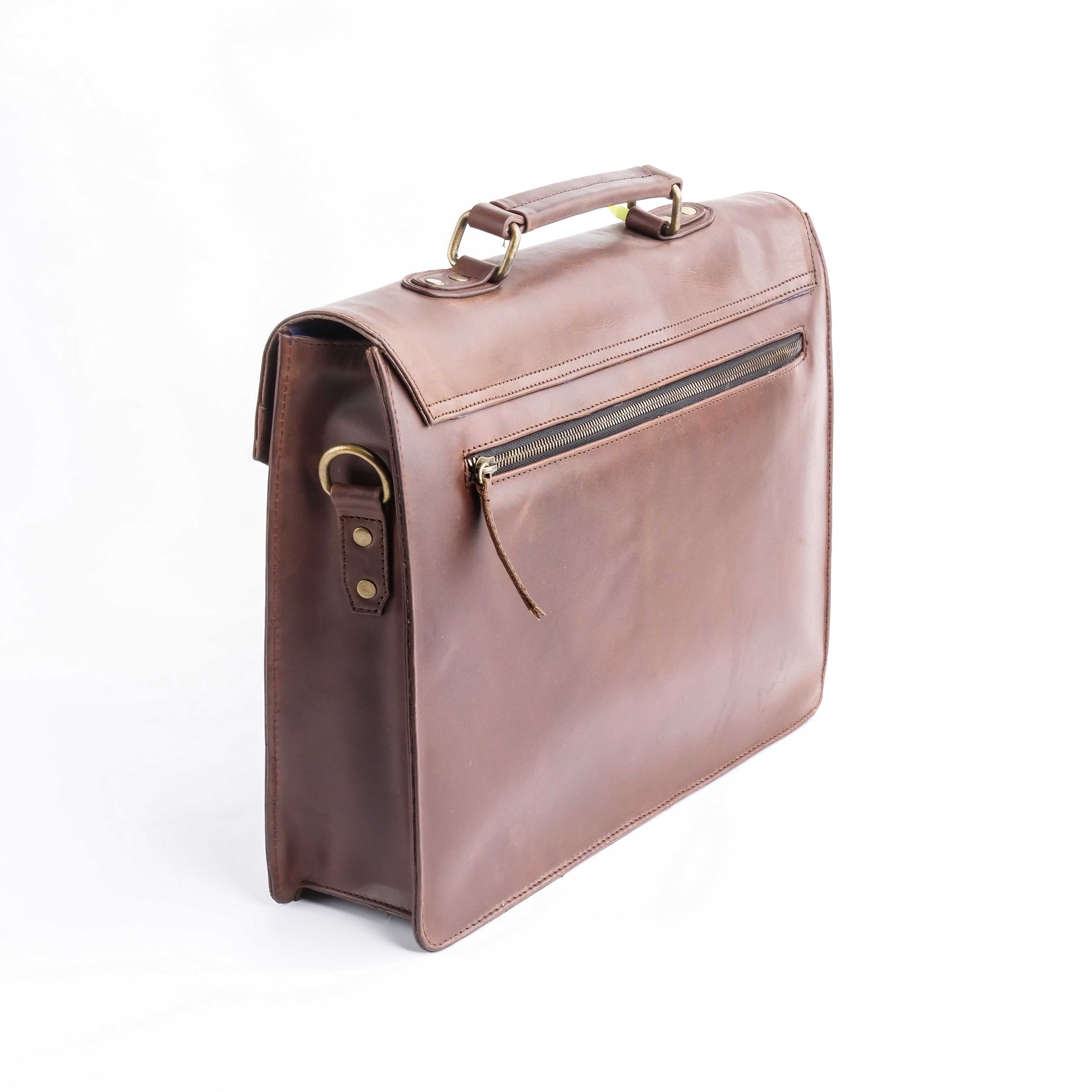 A stylish tan brown corporate pure leather bag, showcasing its elegant design and spacious compartments, perfect for professionals.