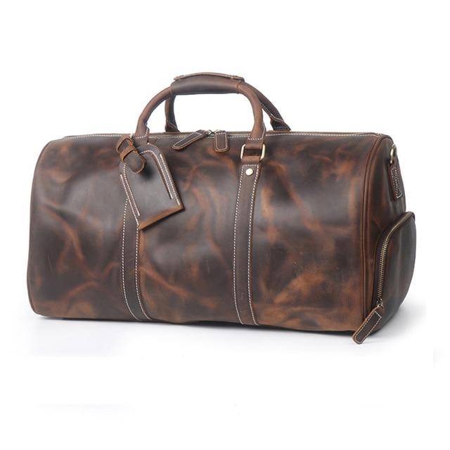 The Dagny Weekender large leather duffle bag in a stylish design, showcasing its high-quality crazy horse leather and spacious interior.