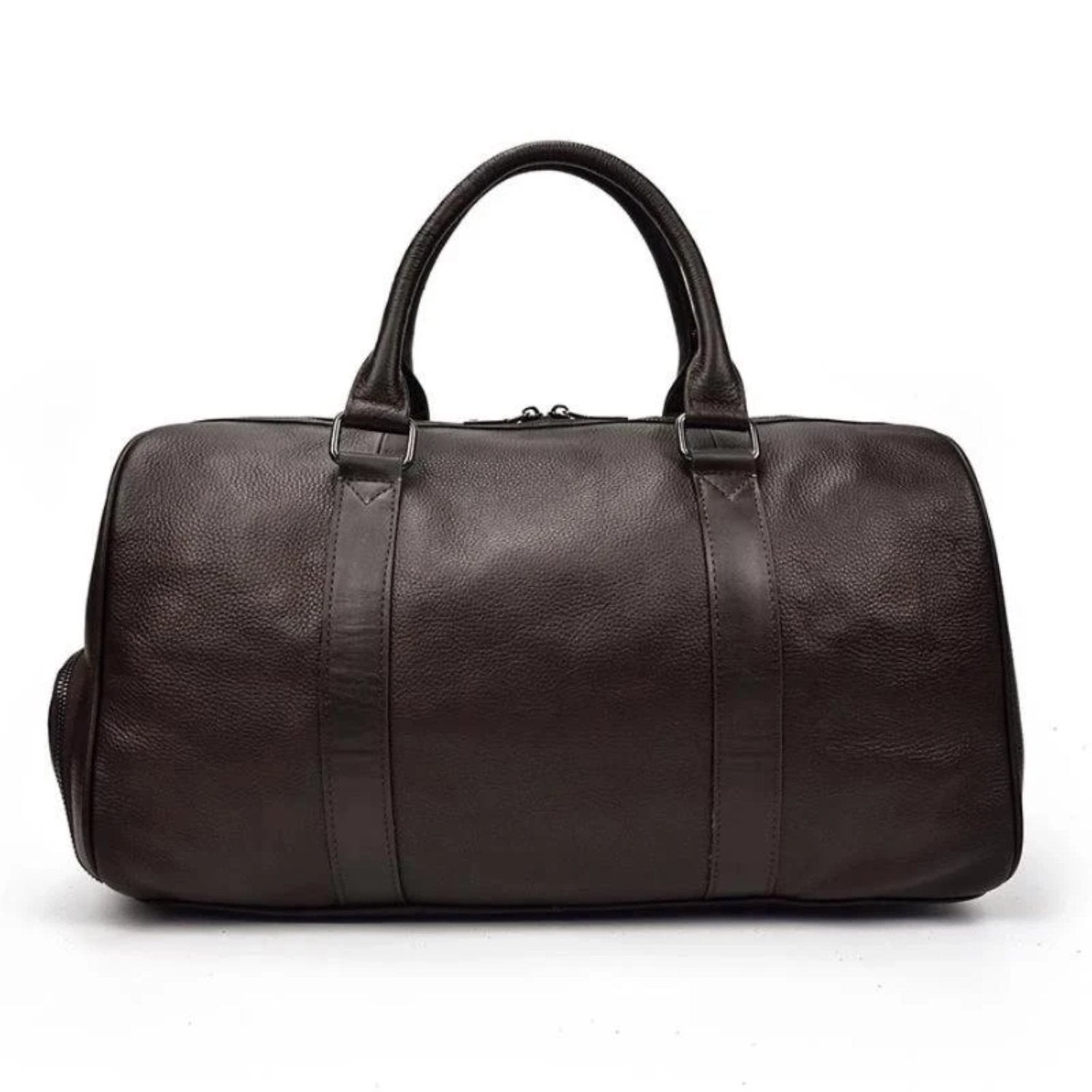 The Endre Weekender vintage leather duffle bag in black, showcasing its smooth texture and stylish design with leather handles and shoulder strap.