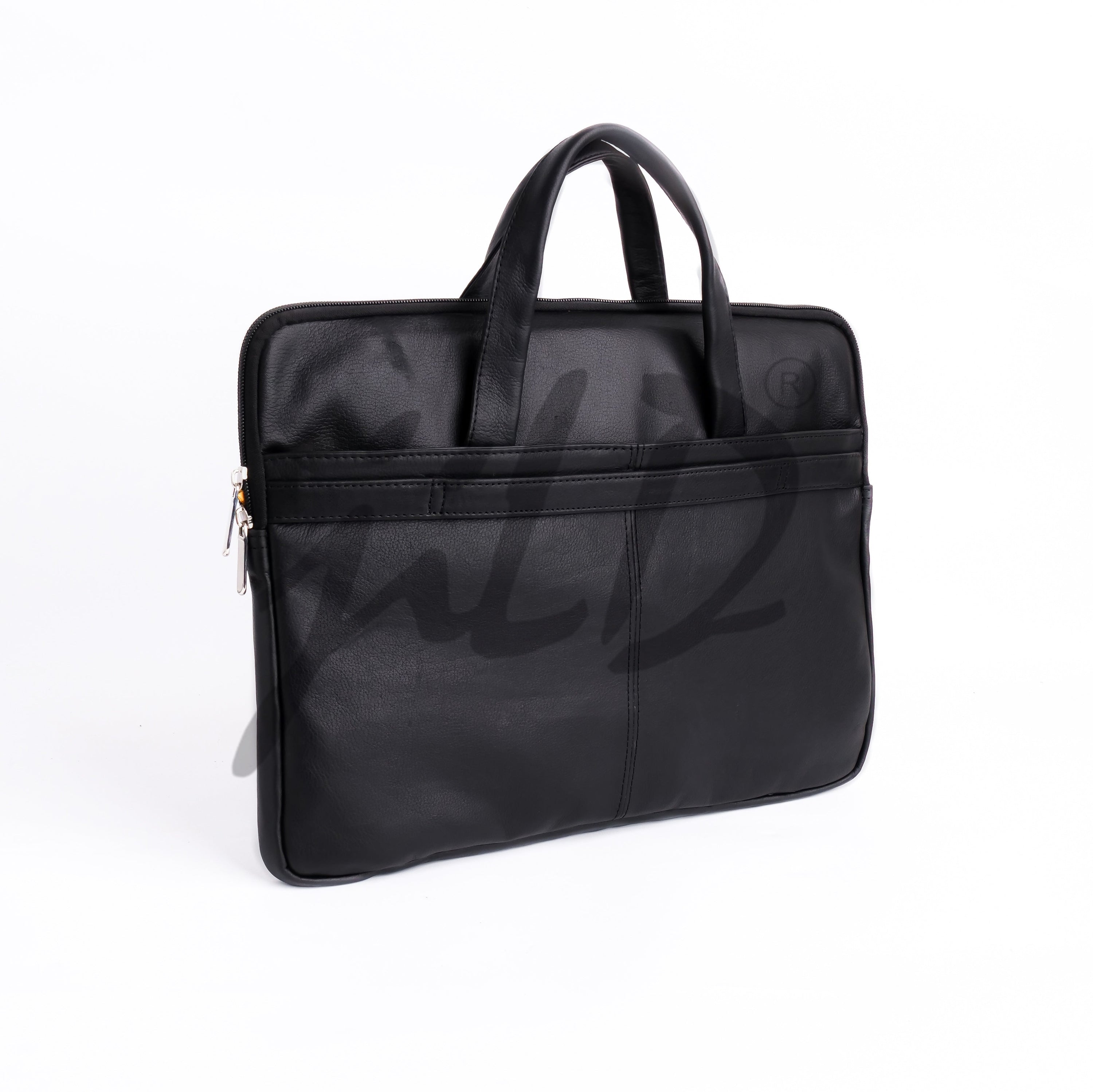 The Founder Ultra Slim Leather Laptop Bag in black, showcasing its sleek design and genuine leather material, perfect for carrying laptops and essentials.