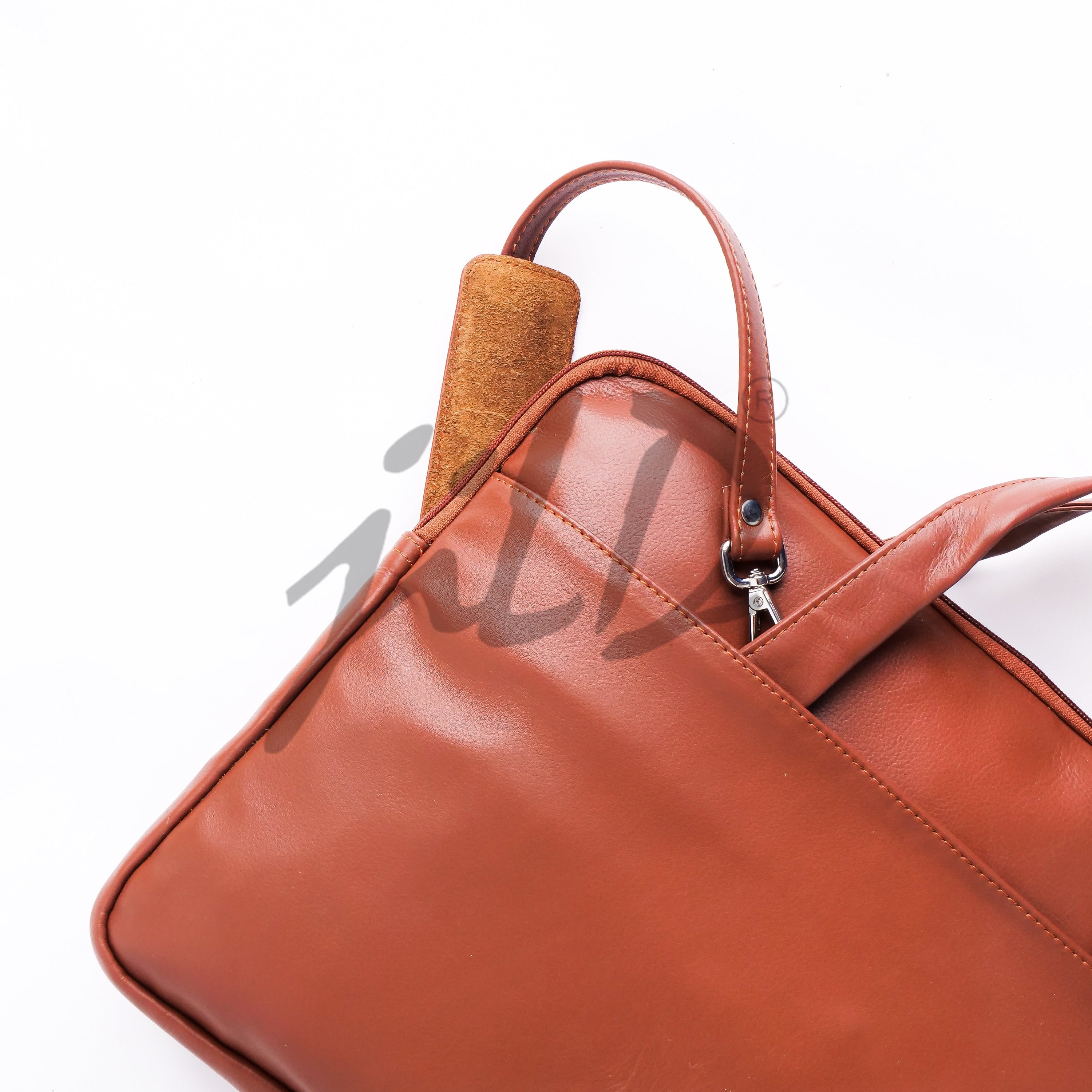 The Founder Ultra Slim Leather Laptop Bag in Tan Brown, showcasing its sleek design and high-quality leather finish.