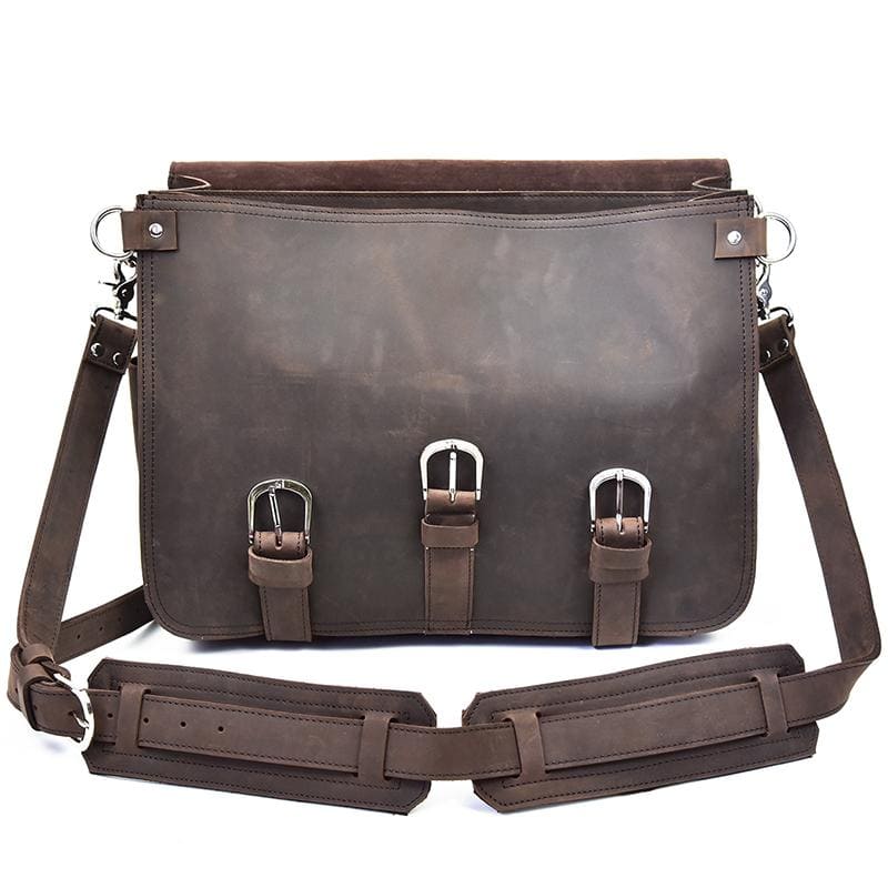 The Gustav Messenger Bag in vintage crazy horse leather, showcasing its large capacity and stylish design with removable strap.