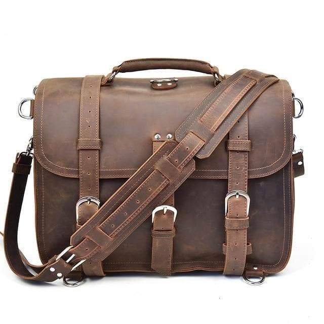 The Gustav Messenger Bag in vintage crazy horse leather, showcasing its large capacity and stylish design with removable strap.