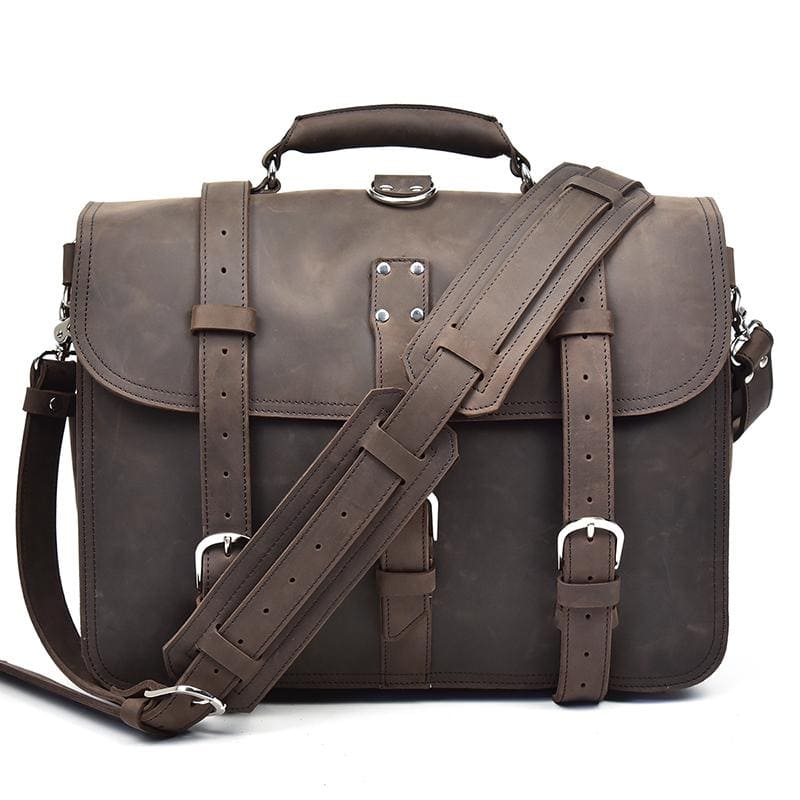 The Gustav Messenger Bag in vintage crazy horse leather, showcasing its large capacity and stylish design with removable strap.