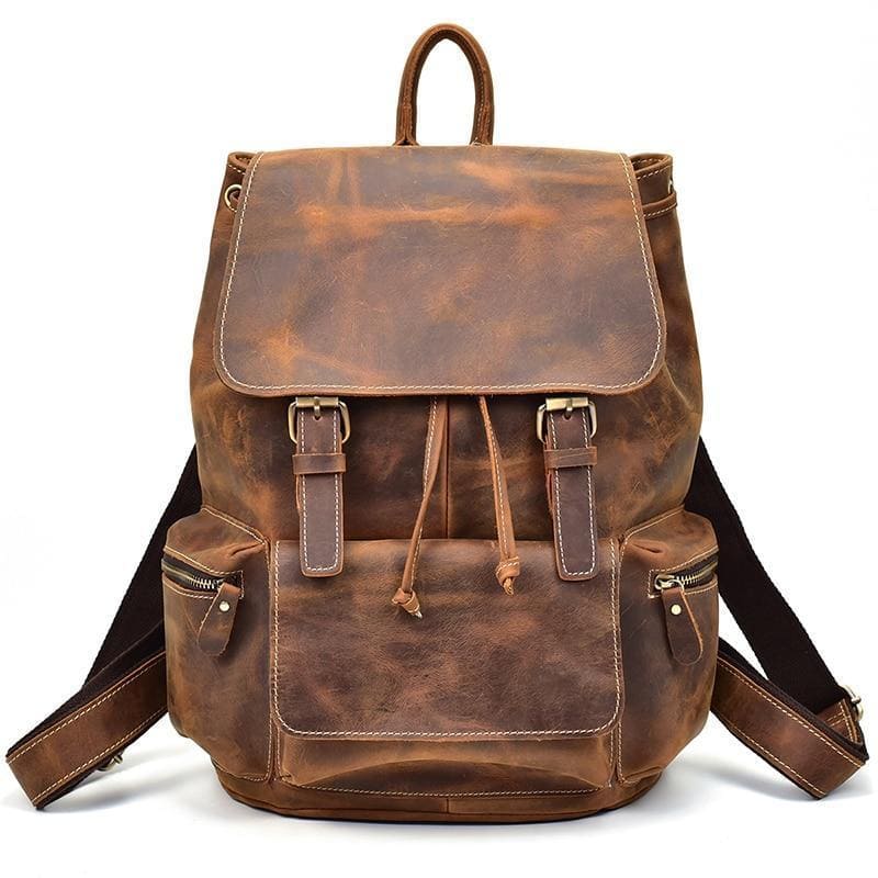 The Hagen Backpack, a vintage leather backpack made from genuine cowhide leather, showcasing its antique appearance and spacious design.