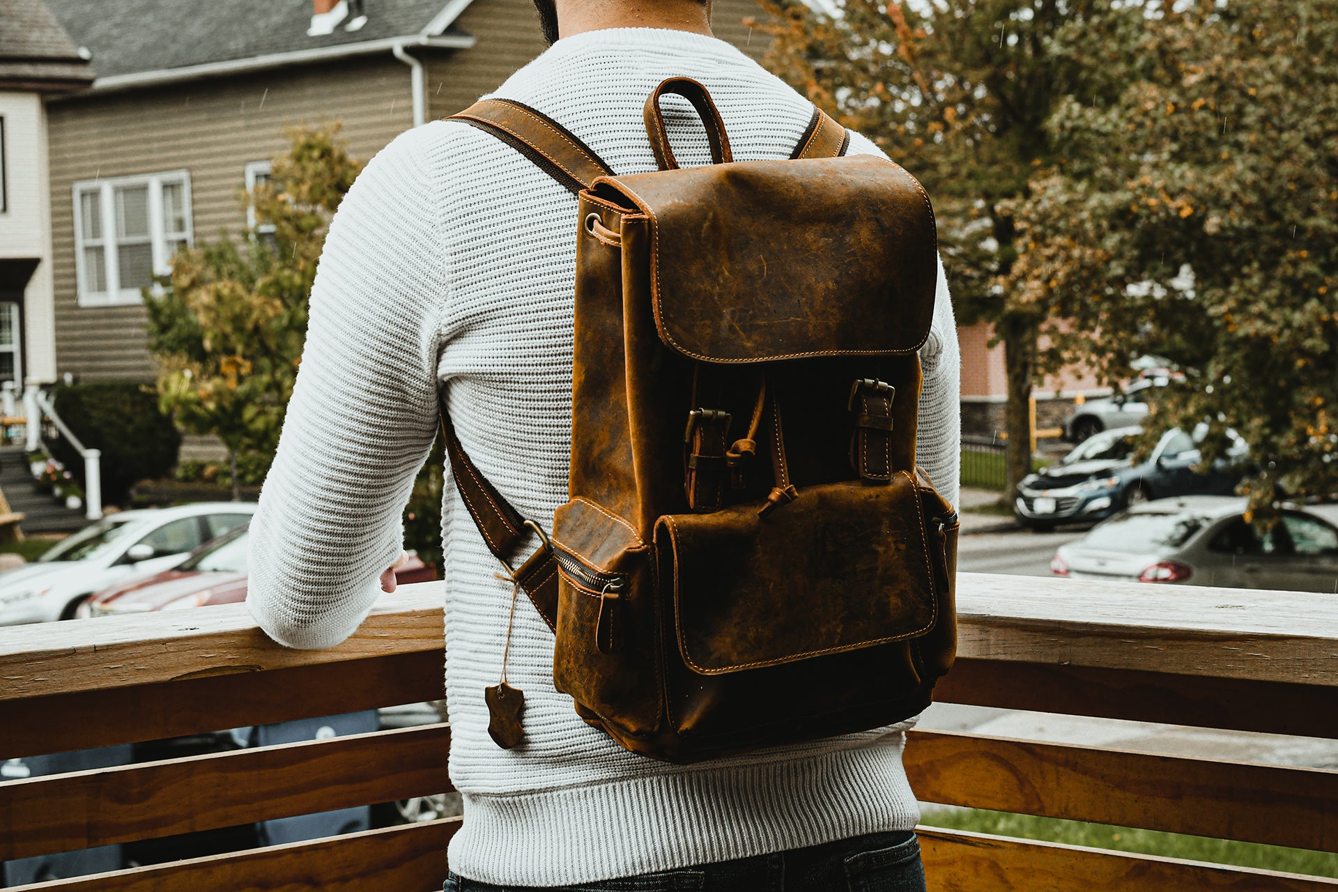 The Hagen Backpack, a vintage leather backpack made from genuine cowhide leather, showcasing its antique appearance and spacious design.