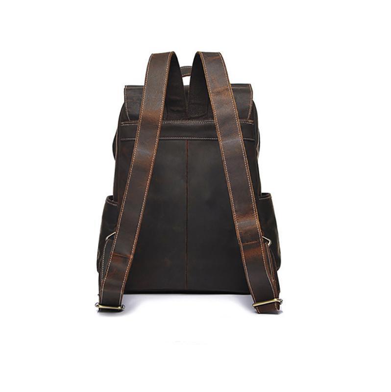 The Helka Backpack made of genuine vintage crazy horse leather, featuring multiple pockets and adjustable straps, ideal for daily use.