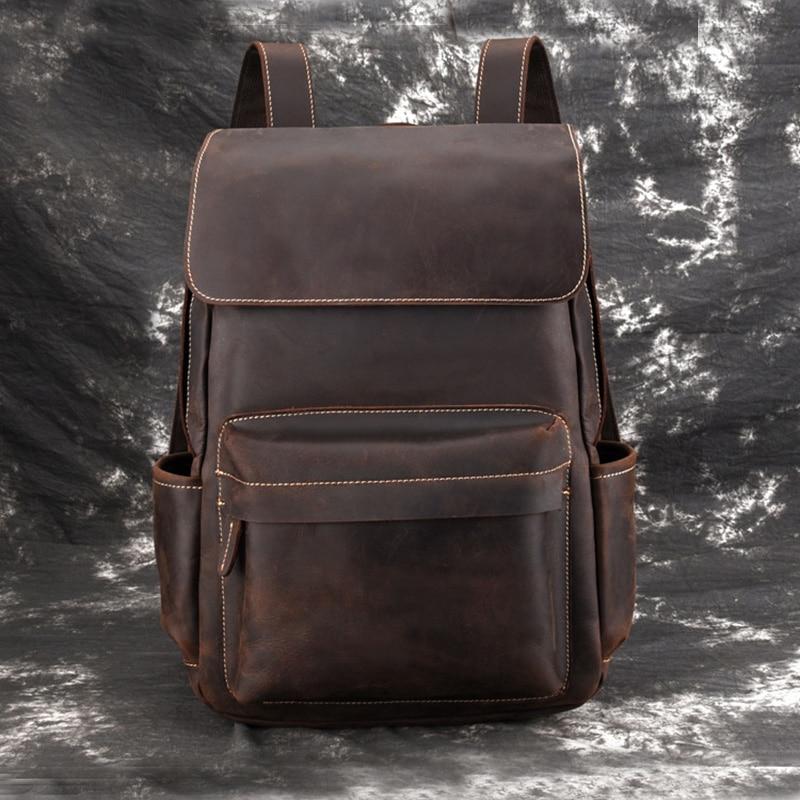 The Helka Backpack made of genuine vintage crazy horse leather, featuring multiple pockets and adjustable straps, ideal for daily use.