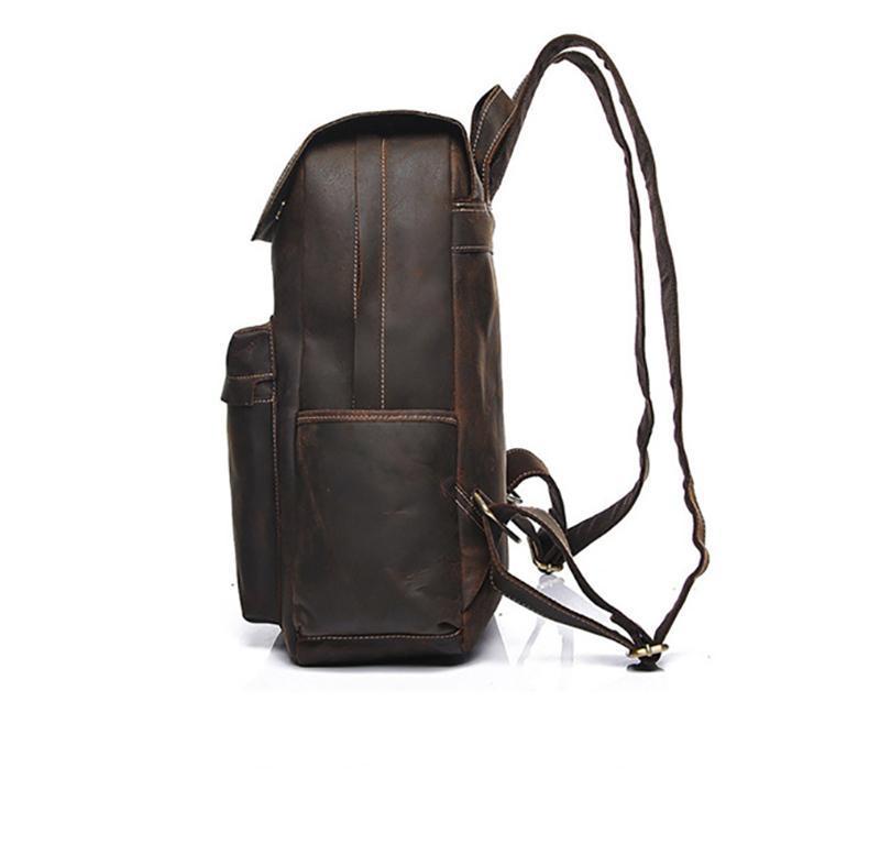 The Helka Backpack made of genuine vintage crazy horse leather, featuring multiple pockets and adjustable straps, ideal for daily use.