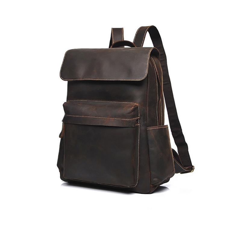 The Helka Backpack made of genuine vintage crazy horse leather, featuring multiple pockets and adjustable straps, ideal for daily use.