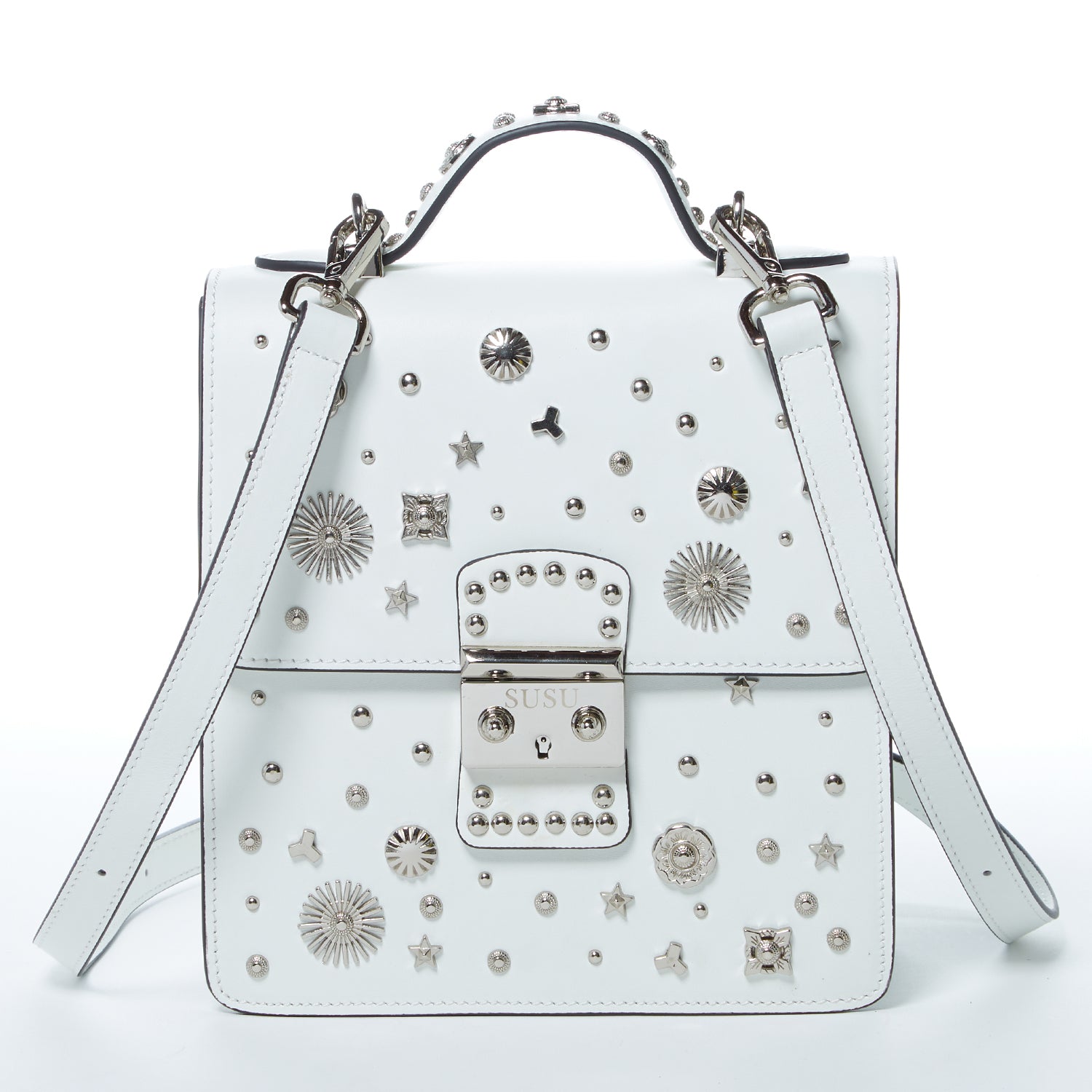 SUSU Hollywood Backpack Leather Purse in white with silver appliqués, showcasing its structured design and adjustable straps.