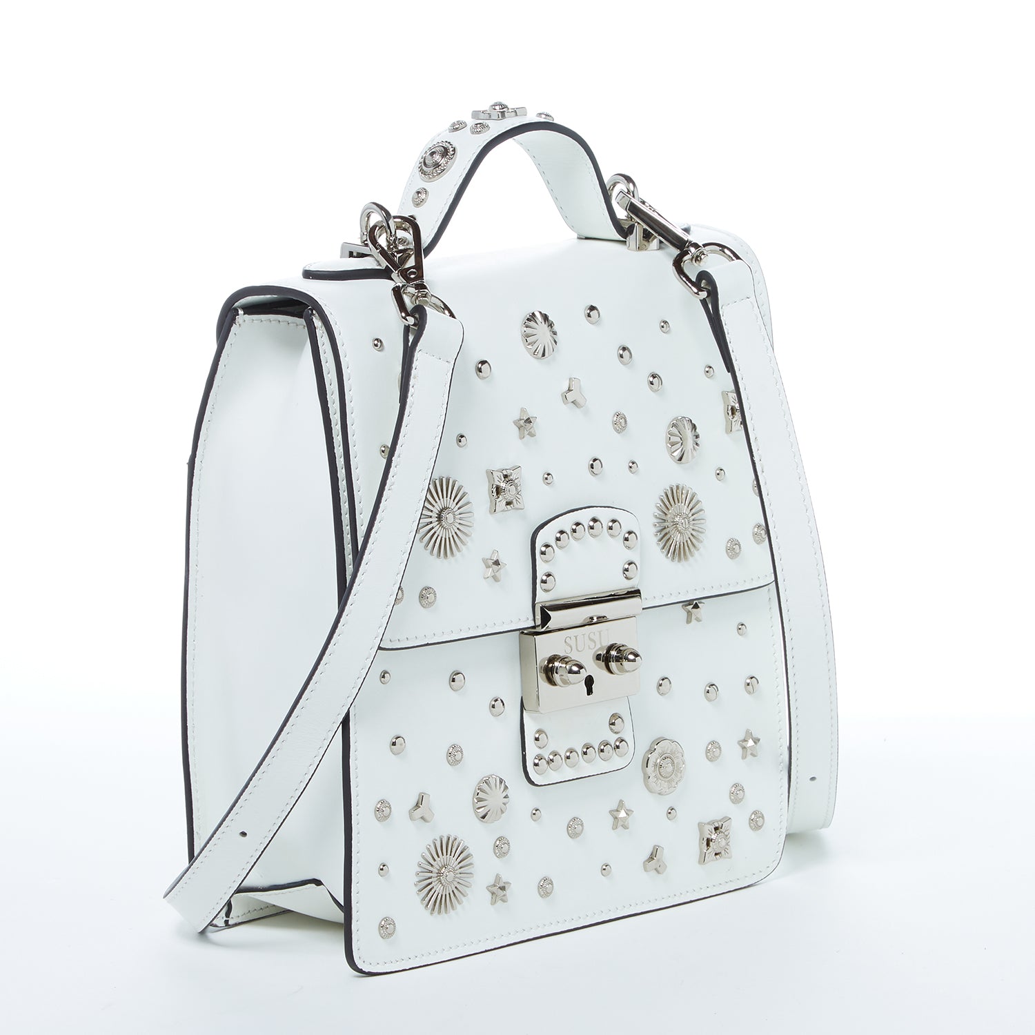 SUSU Hollywood Backpack Leather Purse in white with silver appliqués, showcasing its structured design and adjustable straps.