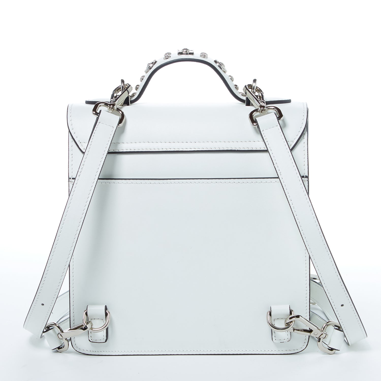 SUSU Hollywood Backpack Leather Purse in white with silver appliqués, showcasing its structured design and adjustable straps.