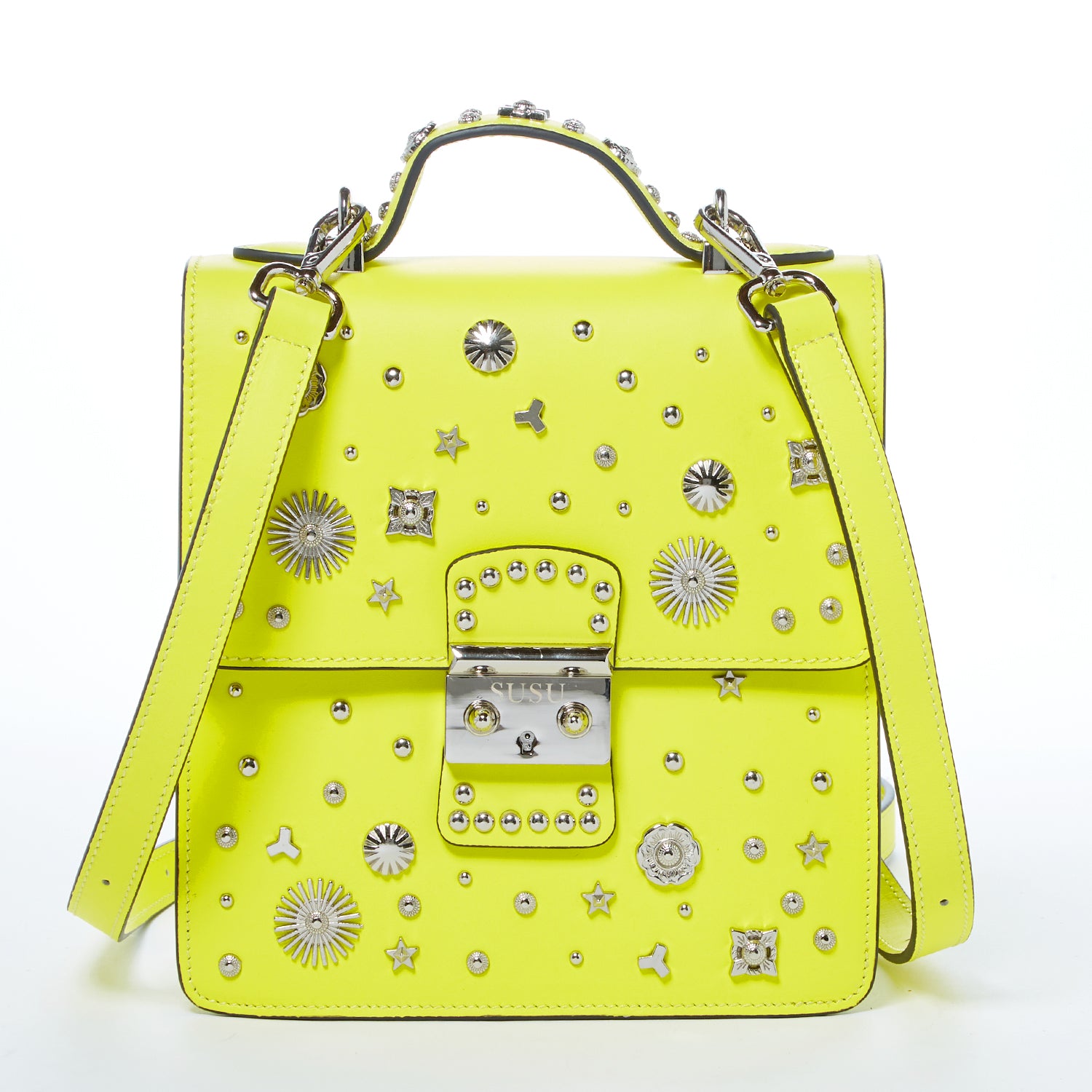 SUSU Hollywood Backpack Purse in vibrant yellow leather with silver hardware, showcasing its structured design and adjustable straps.