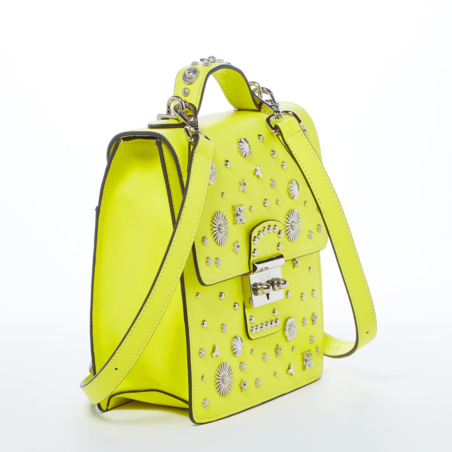 SUSU Hollywood Backpack Purse in vibrant yellow leather with silver hardware, showcasing its structured design and adjustable straps.