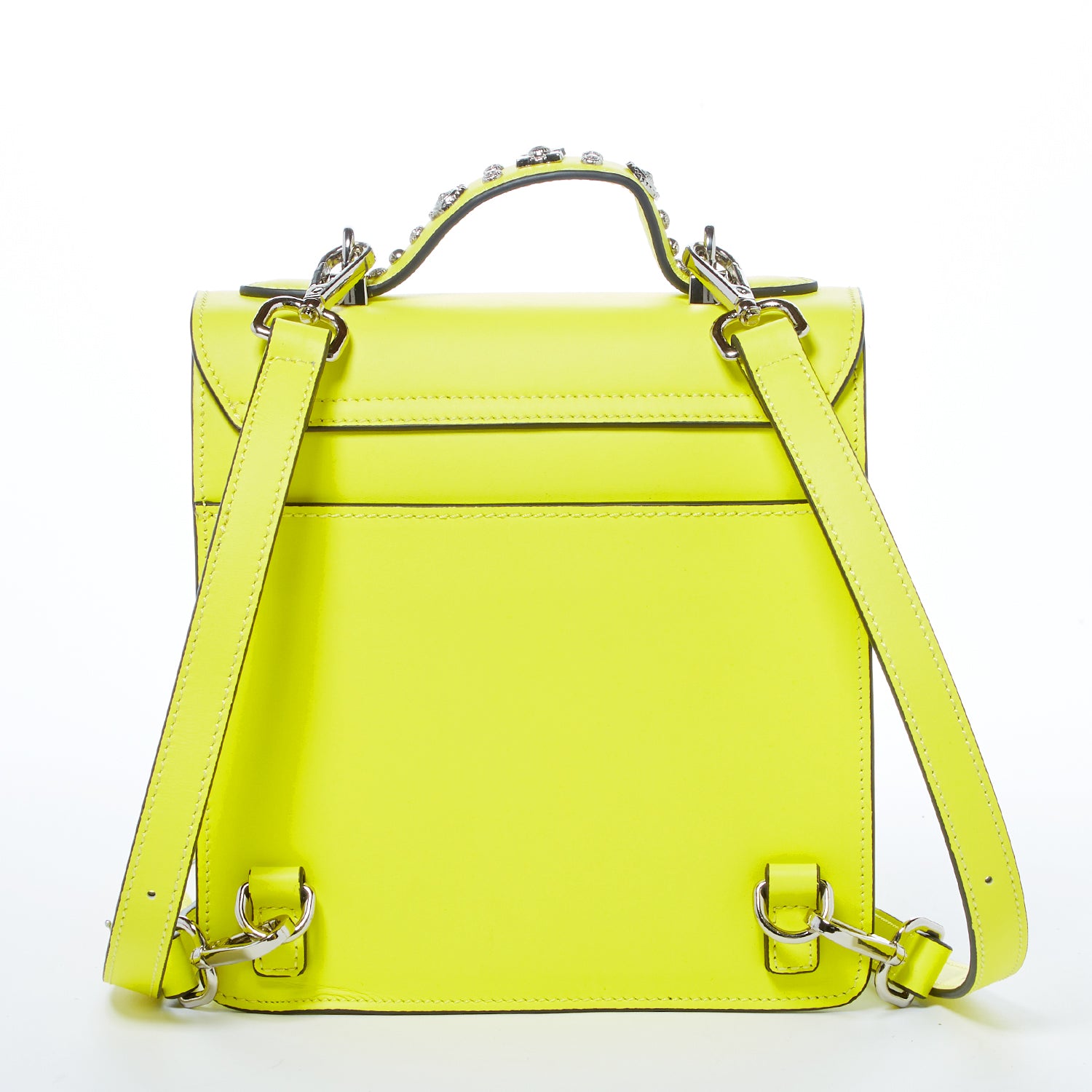 SUSU Hollywood Backpack Purse in vibrant yellow leather with silver hardware, showcasing its structured design and adjustable straps.