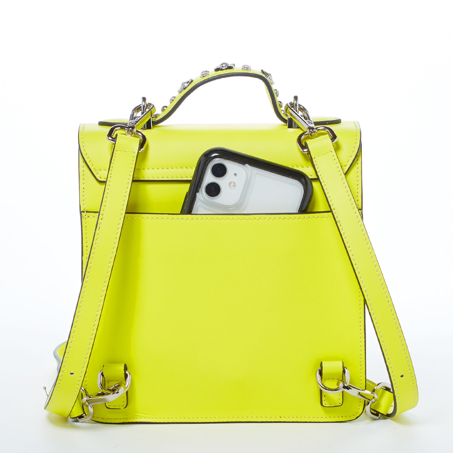 SUSU Hollywood Backpack Purse in vibrant yellow leather with silver hardware, showcasing its structured design and adjustable straps.