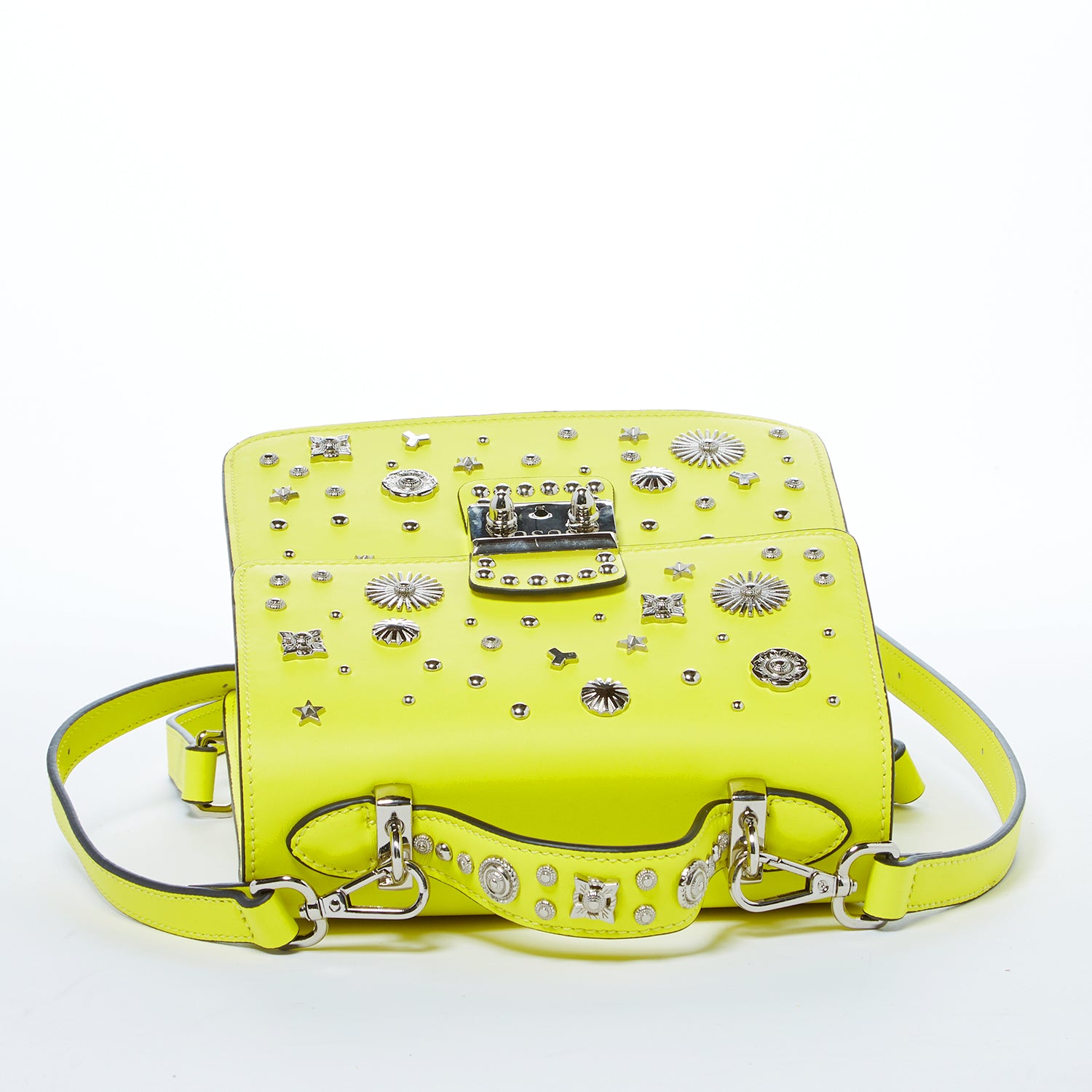 SUSU Hollywood Backpack Purse in vibrant yellow leather with silver hardware, showcasing its structured design and adjustable straps.