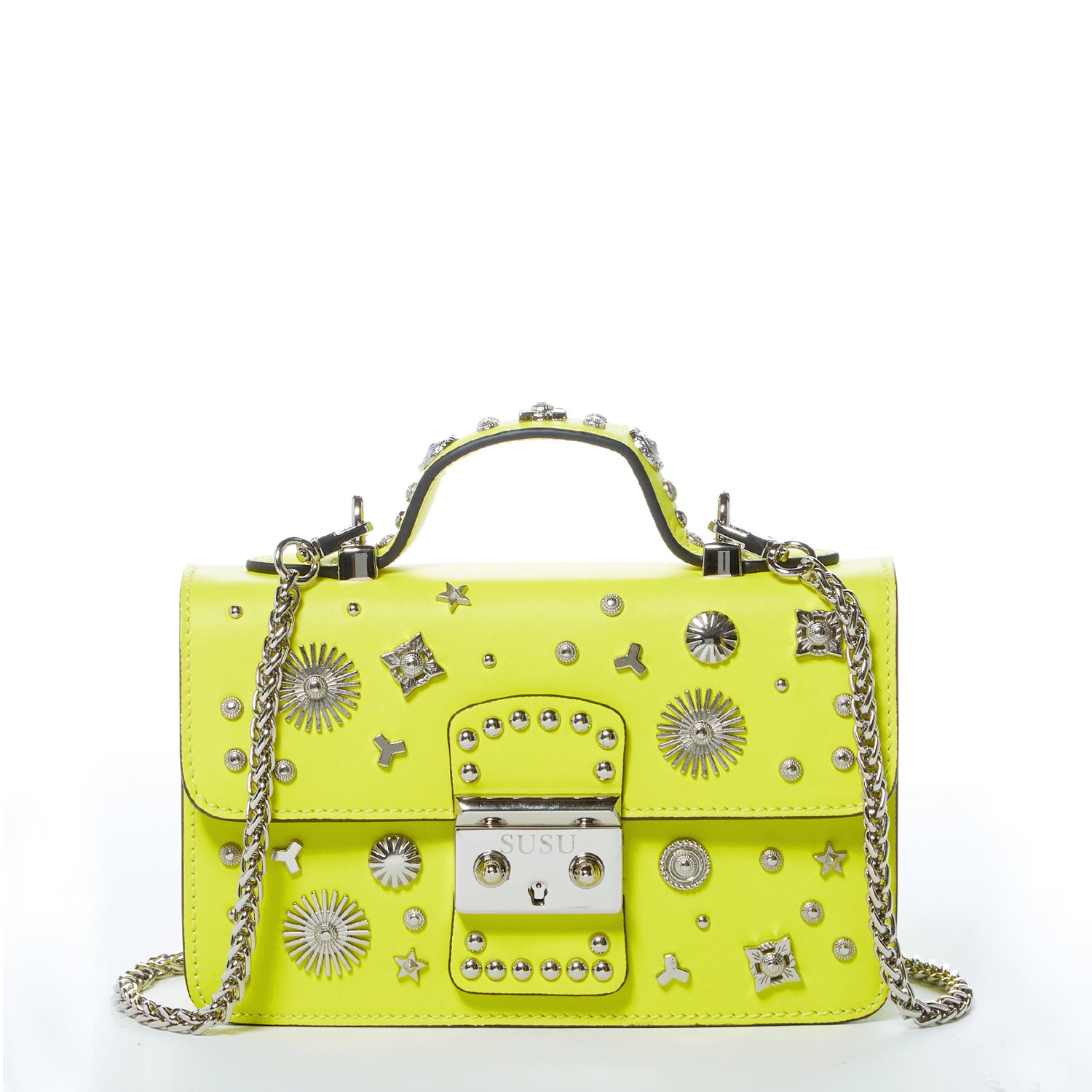 Bright yellow leather crossbody bag with silver studs and chain strap, showcasing a stylish design and functional interior.