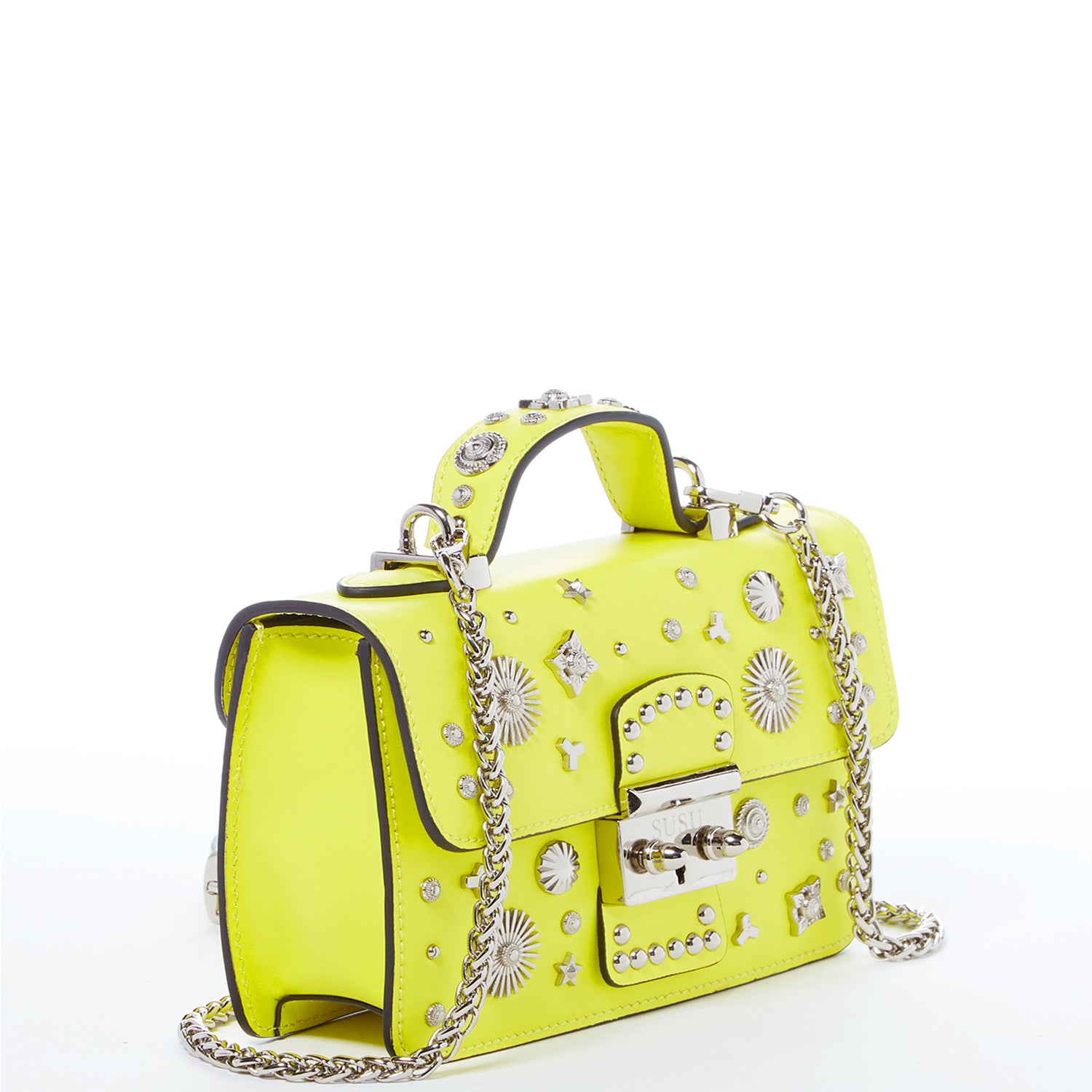 Bright yellow leather crossbody bag with silver studs and chain strap, showcasing a stylish design and functional interior.