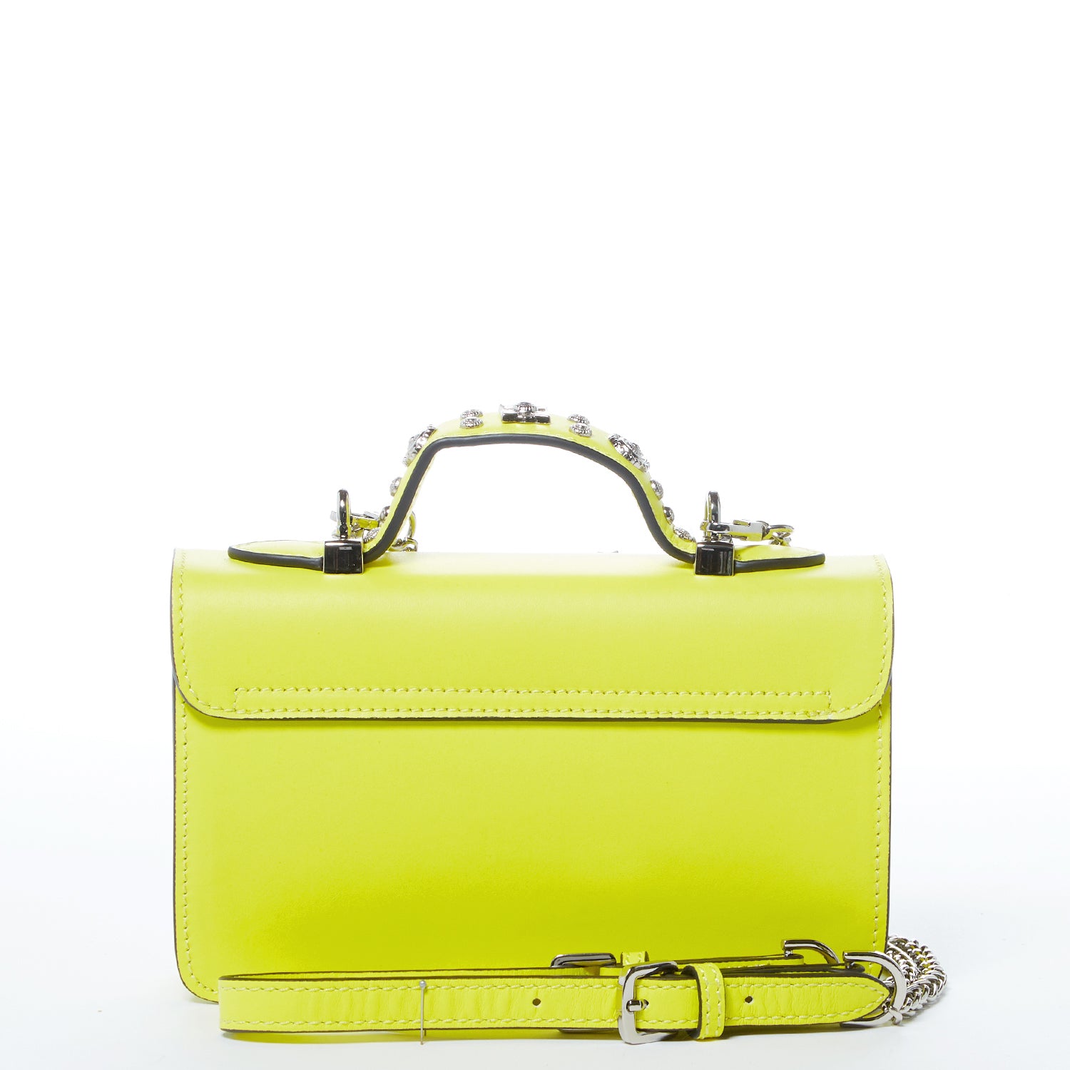 Bright yellow leather crossbody bag with silver studs and chain strap, showcasing a stylish design and functional interior.