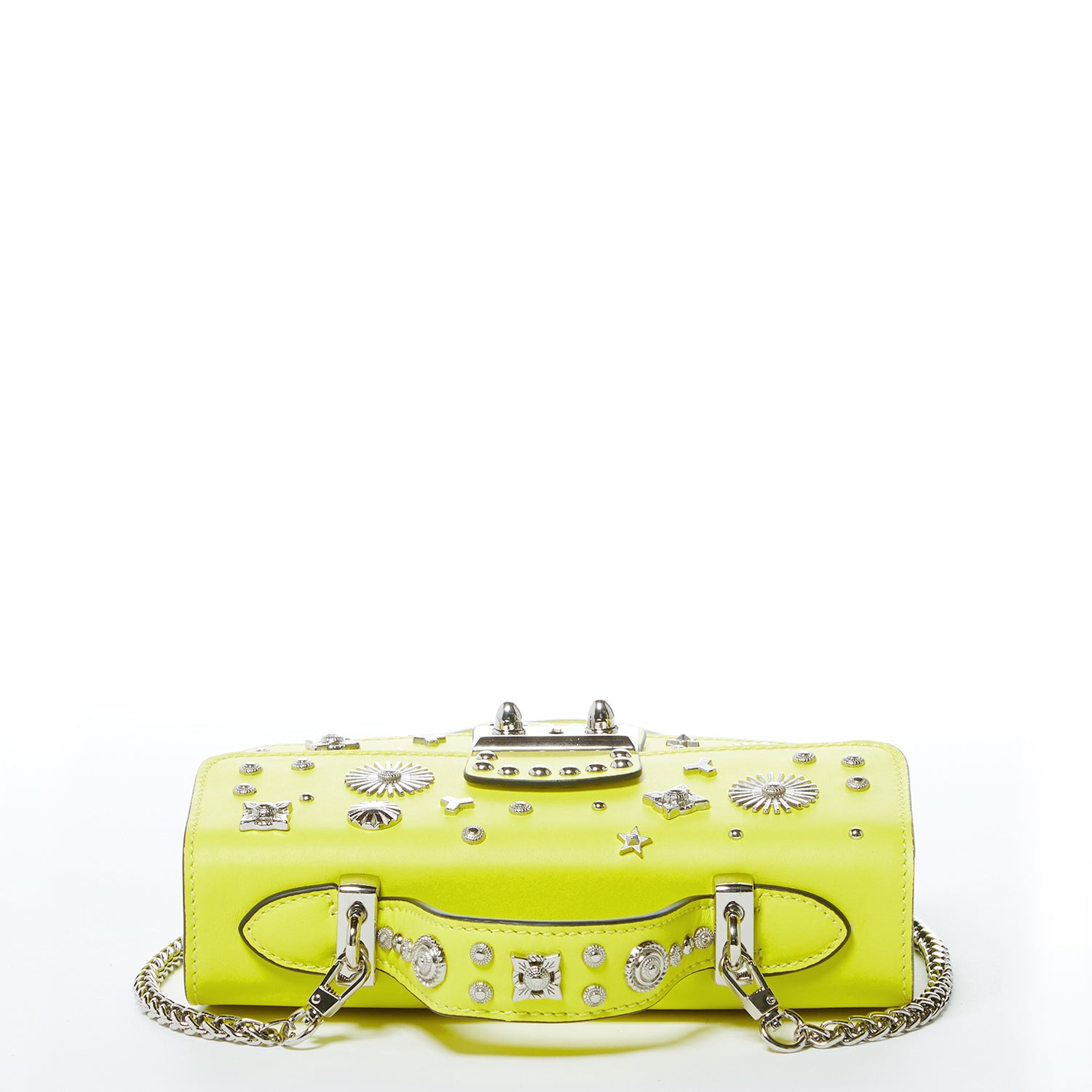 Bright yellow leather crossbody bag with silver studs and chain strap, showcasing a stylish design and functional interior.