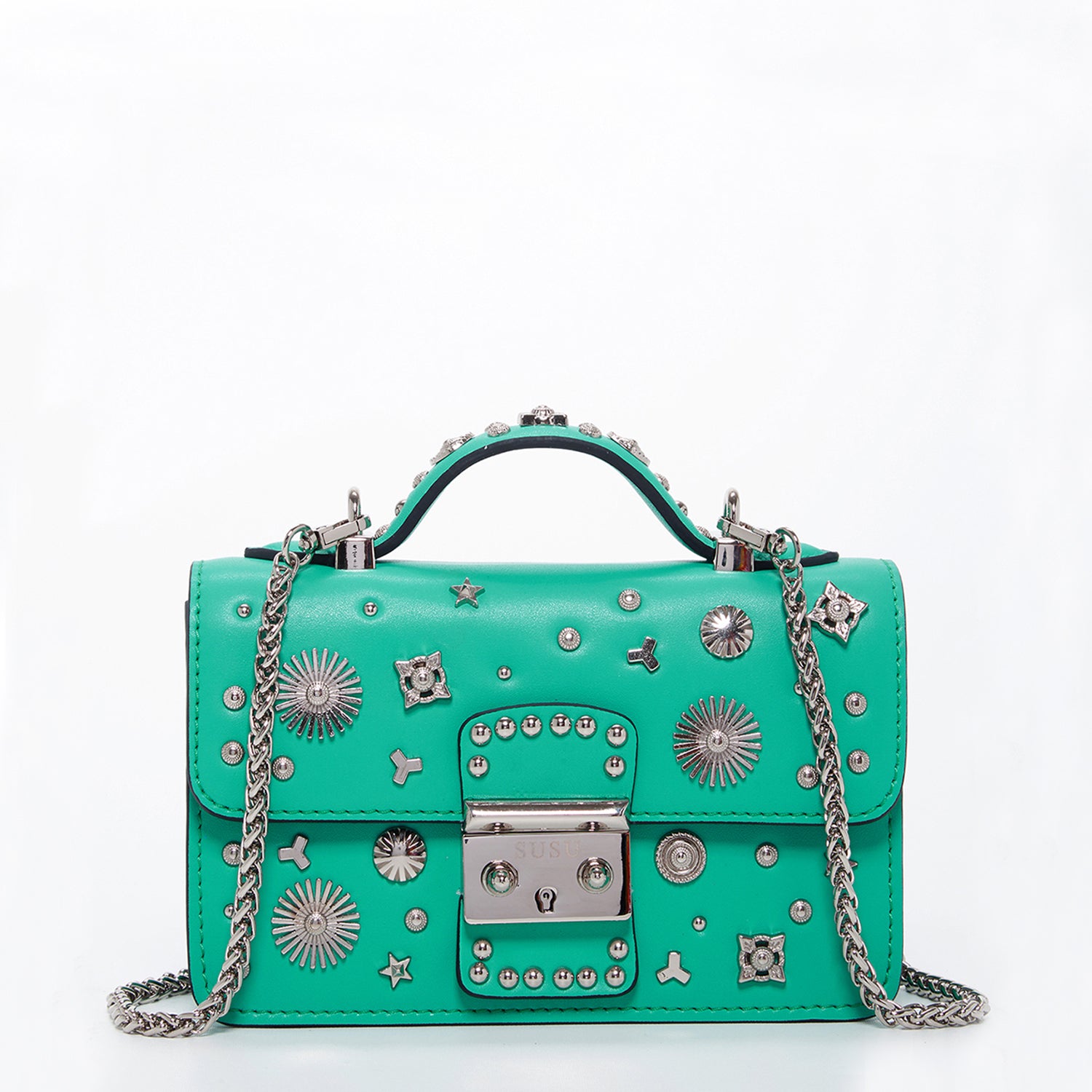 Stylish Hollywood Green Purse with silver studs and chain strap, showcasing its boxy design and elegant features.