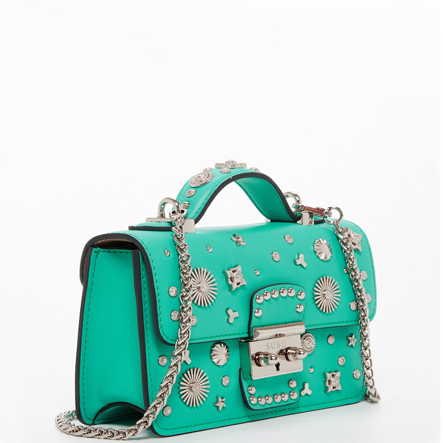 Stylish Hollywood Green Purse with silver studs and chain strap, showcasing its boxy design and elegant features.