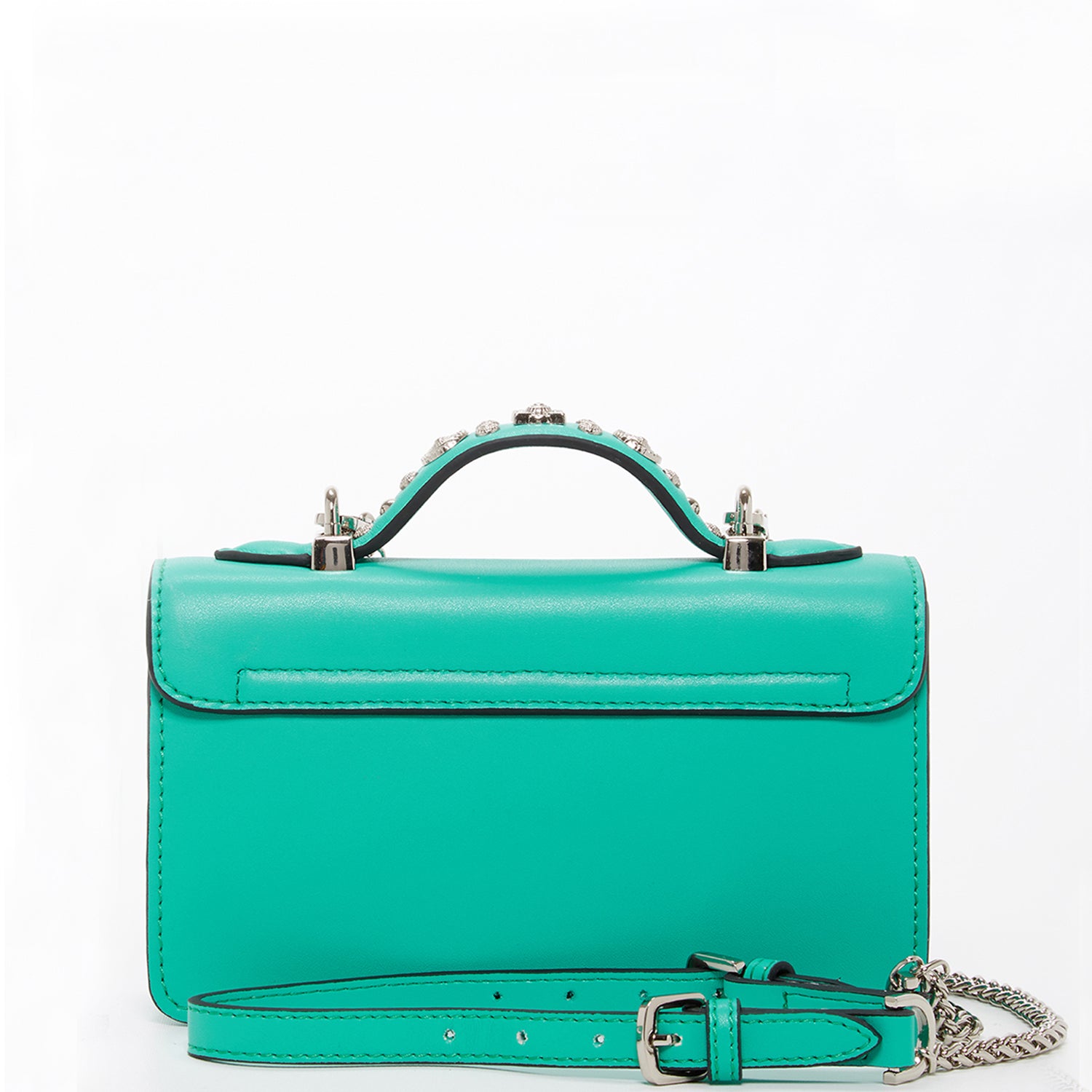 Stylish Hollywood Green Purse with silver studs and chain strap, showcasing its boxy design and elegant features.