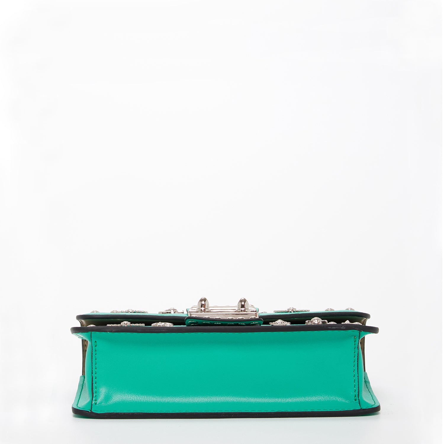 Stylish Hollywood Green Purse with silver studs and chain strap, showcasing its boxy design and elegant features.