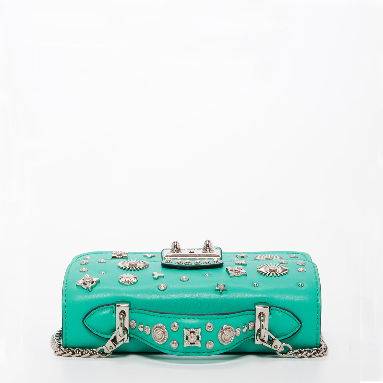 Stylish Hollywood Green Purse with silver studs and chain strap, showcasing its boxy design and elegant features.