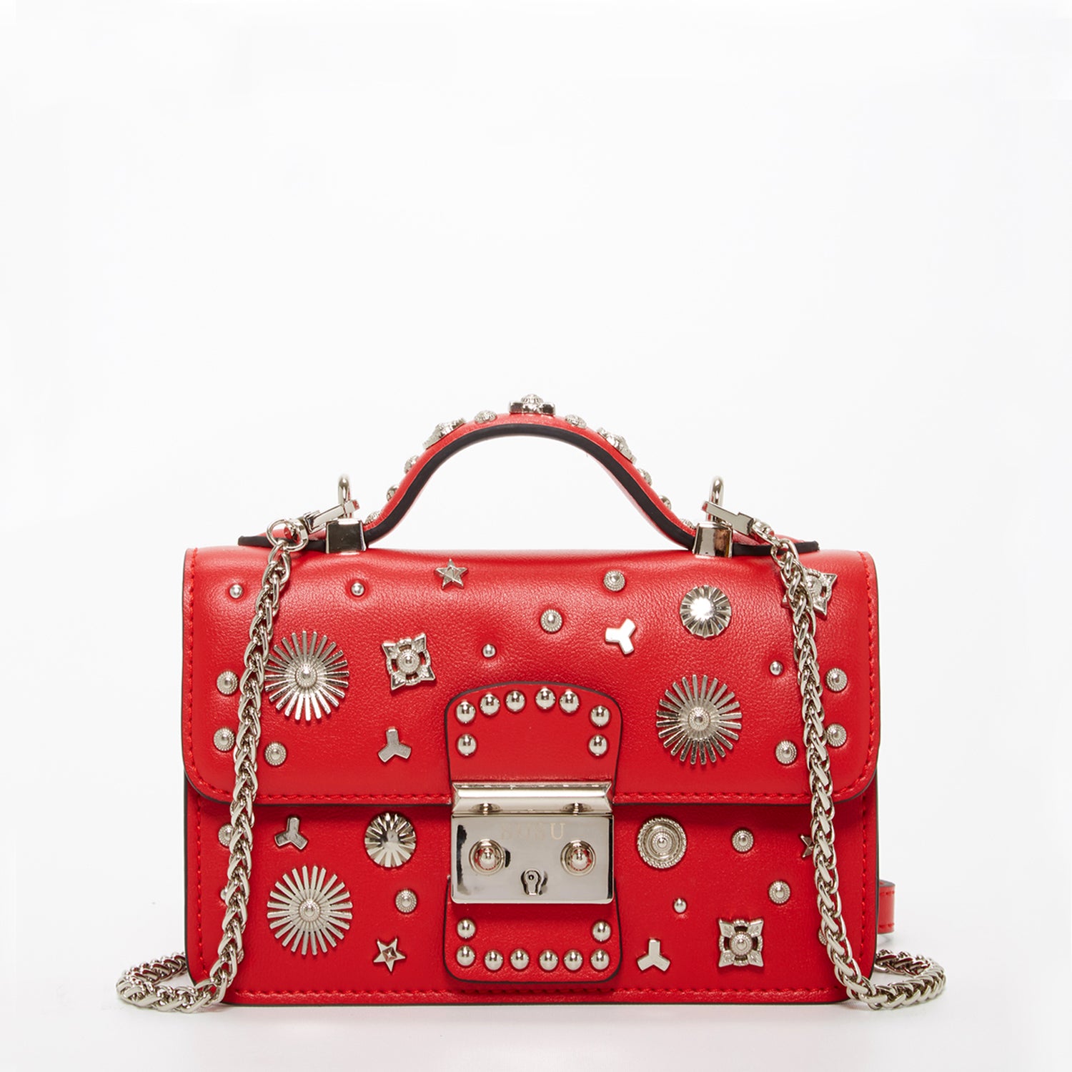 The Hollywood Studded Leather Crossbody Bag in red with silver studs and chain strap, showcasing its stylish design and functionality.