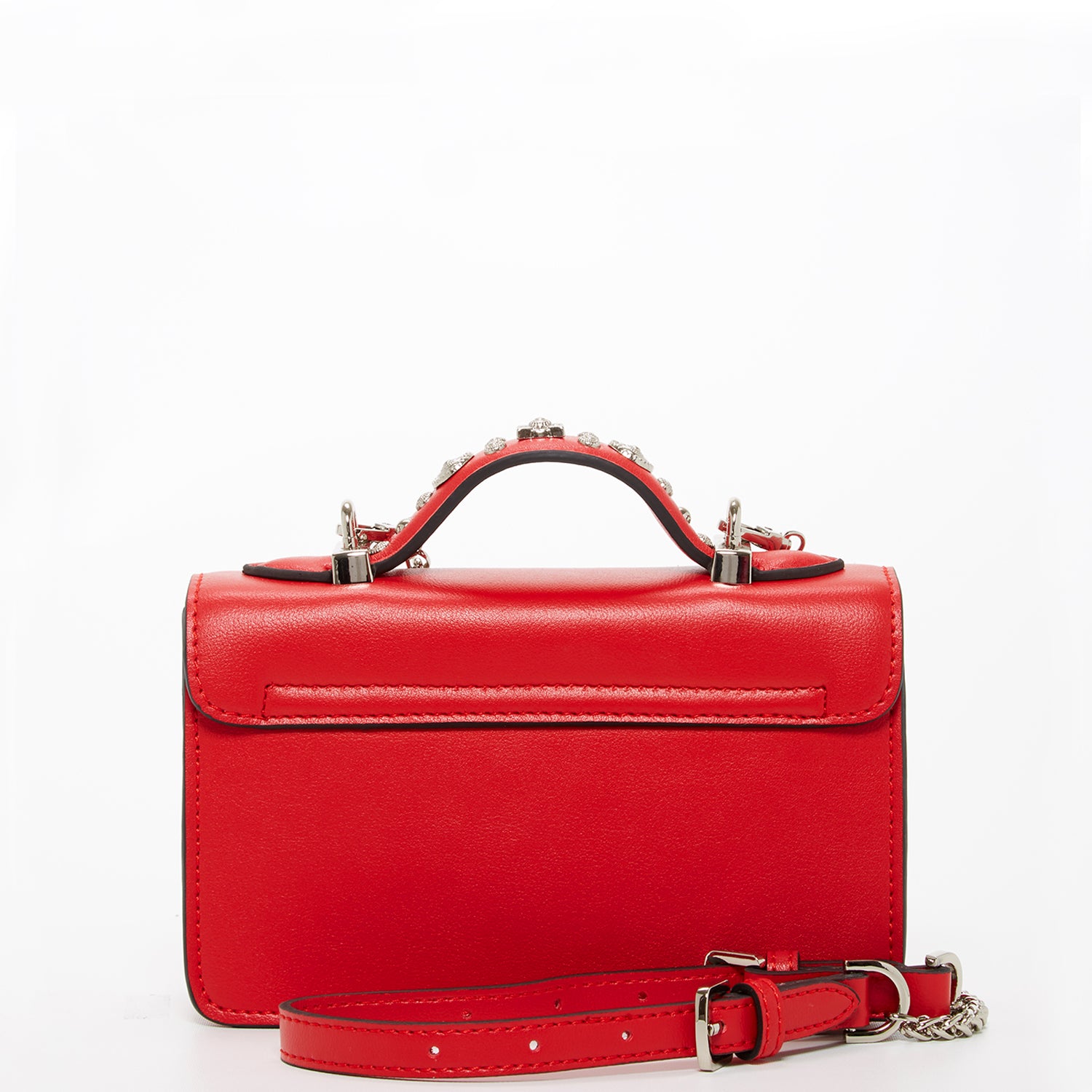 The Hollywood Studded Leather Crossbody Bag in red with silver studs and chain strap, showcasing its stylish design and functionality.