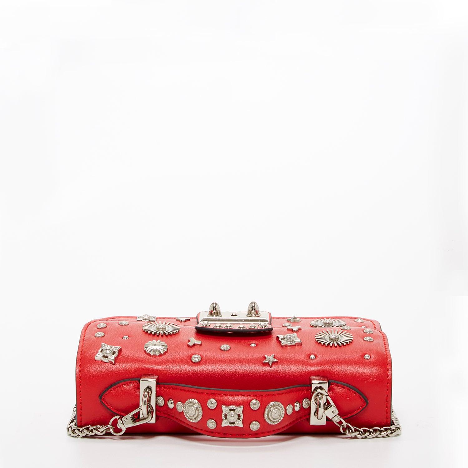 The Hollywood Studded Leather Crossbody Bag in red with silver studs and chain strap, showcasing its stylish design and functionality.