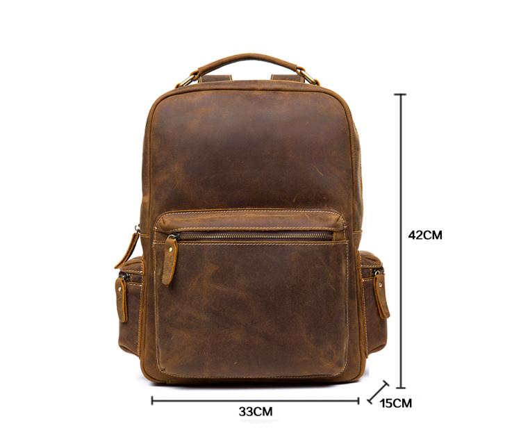 The Langley Backpack made from high-quality crazy horse leather, featuring a rustic deep chocolate brown color and multiple compartments.