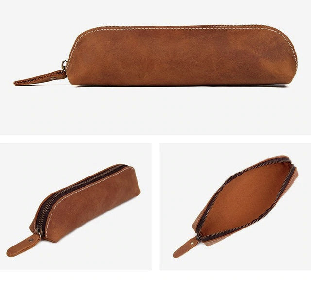 The Paavo Leather Pen Case made of full grain leather, featuring a brass YKK zipper, ideal for pens and makeup.