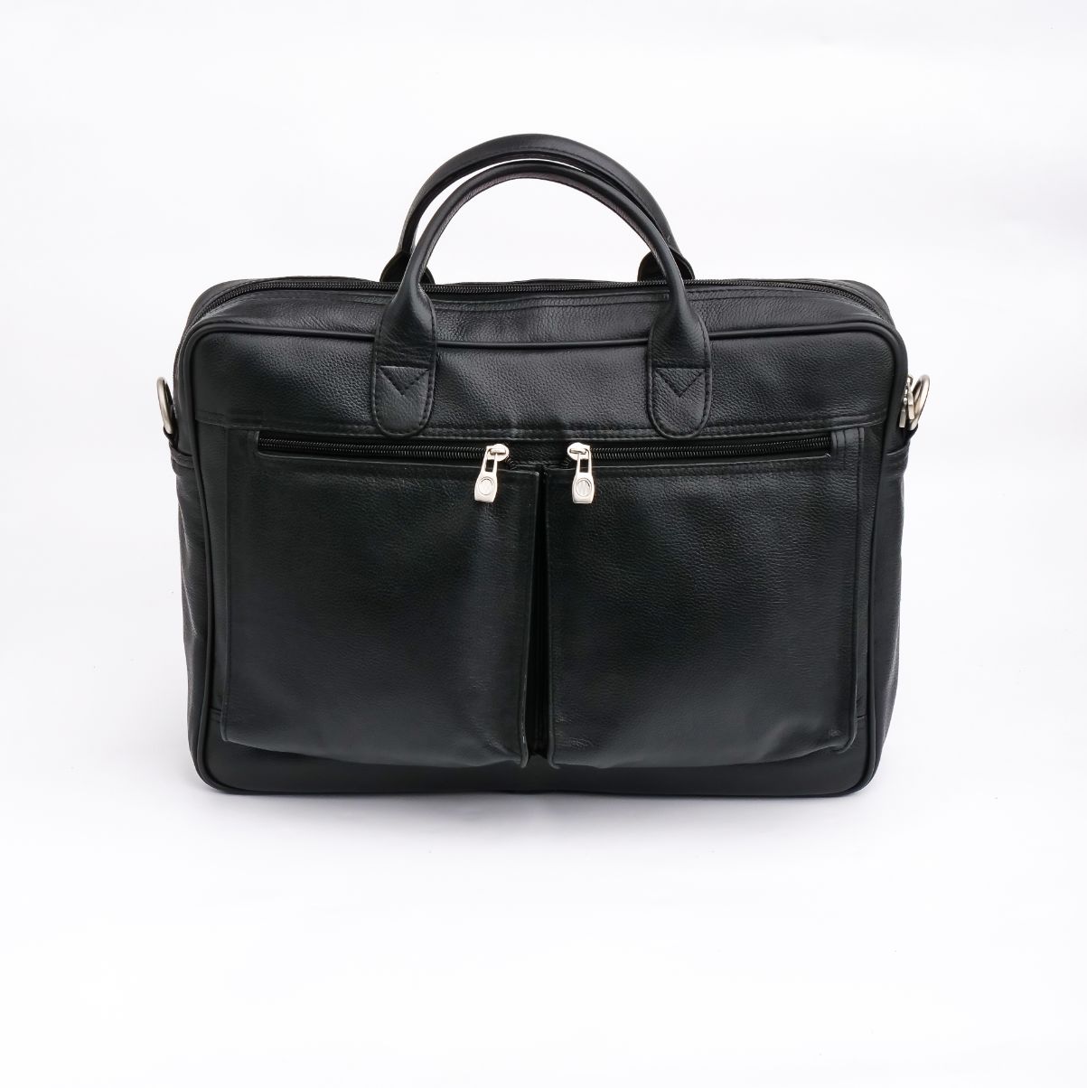 The Ultimate Leather Briefcase Bag in Black, showcasing premium top-grain cowhide leather with multiple compartments and an adjustable shoulder strap.