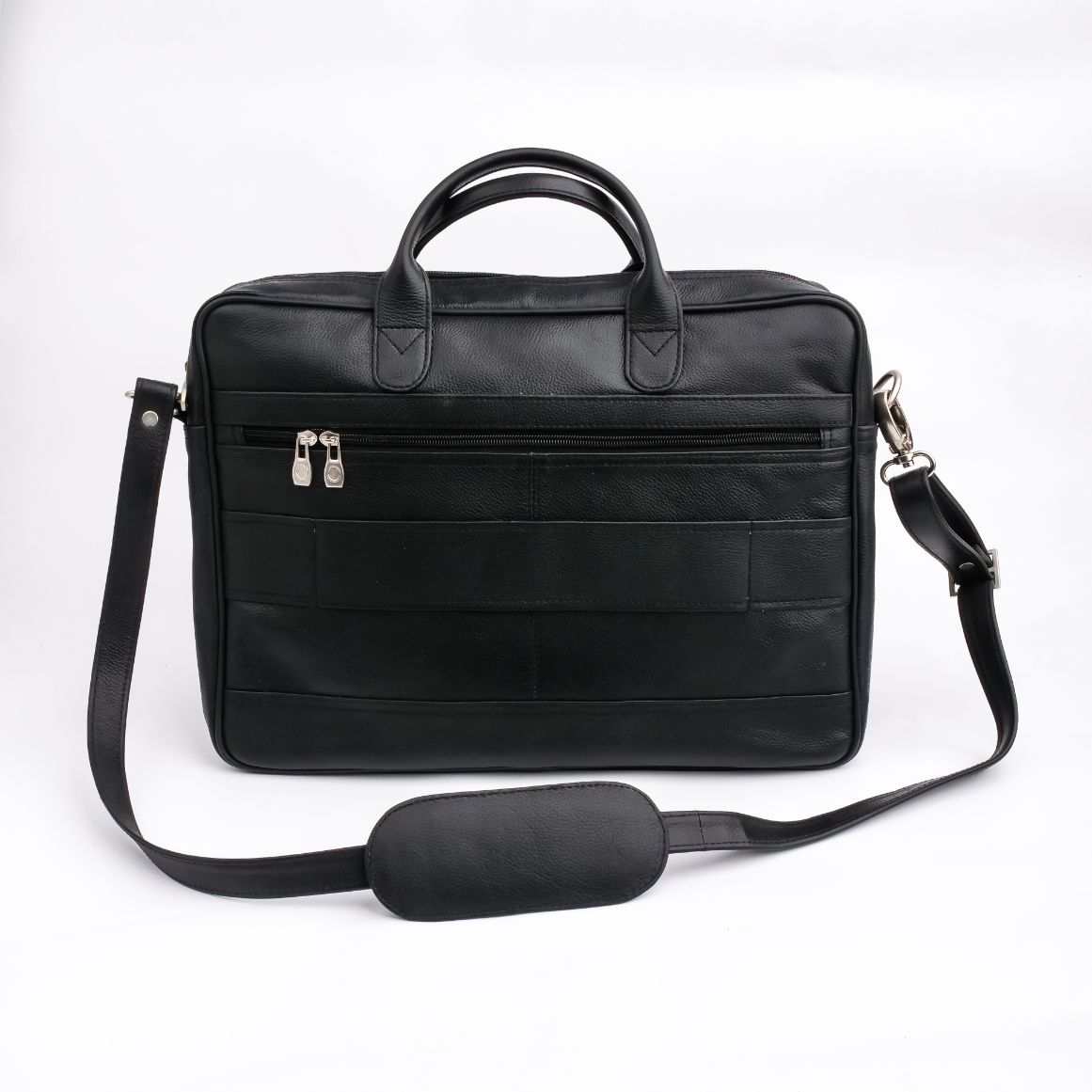 The Ultimate Leather Briefcase Bag in Black, showcasing premium top-grain cowhide leather with multiple compartments and an adjustable shoulder strap.