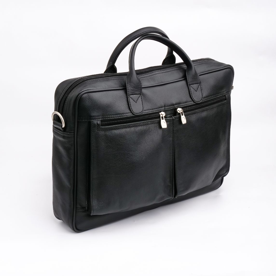 The Ultimate Leather Briefcase Bag in Black, showcasing premium top-grain cowhide leather with multiple compartments and an adjustable shoulder strap.