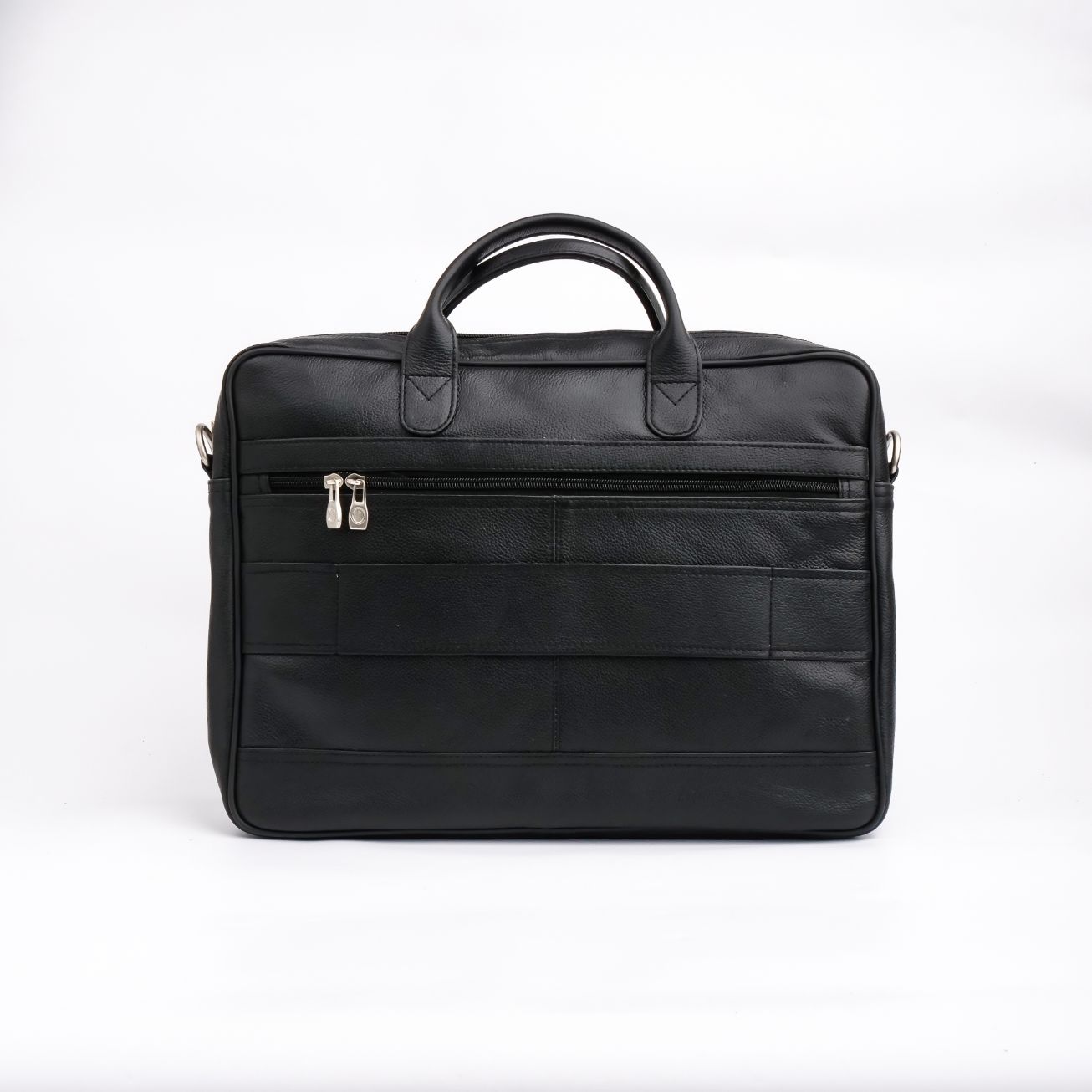 The Ultimate Leather Briefcase Bag in Black, showcasing premium top-grain cowhide leather with multiple compartments and an adjustable shoulder strap.