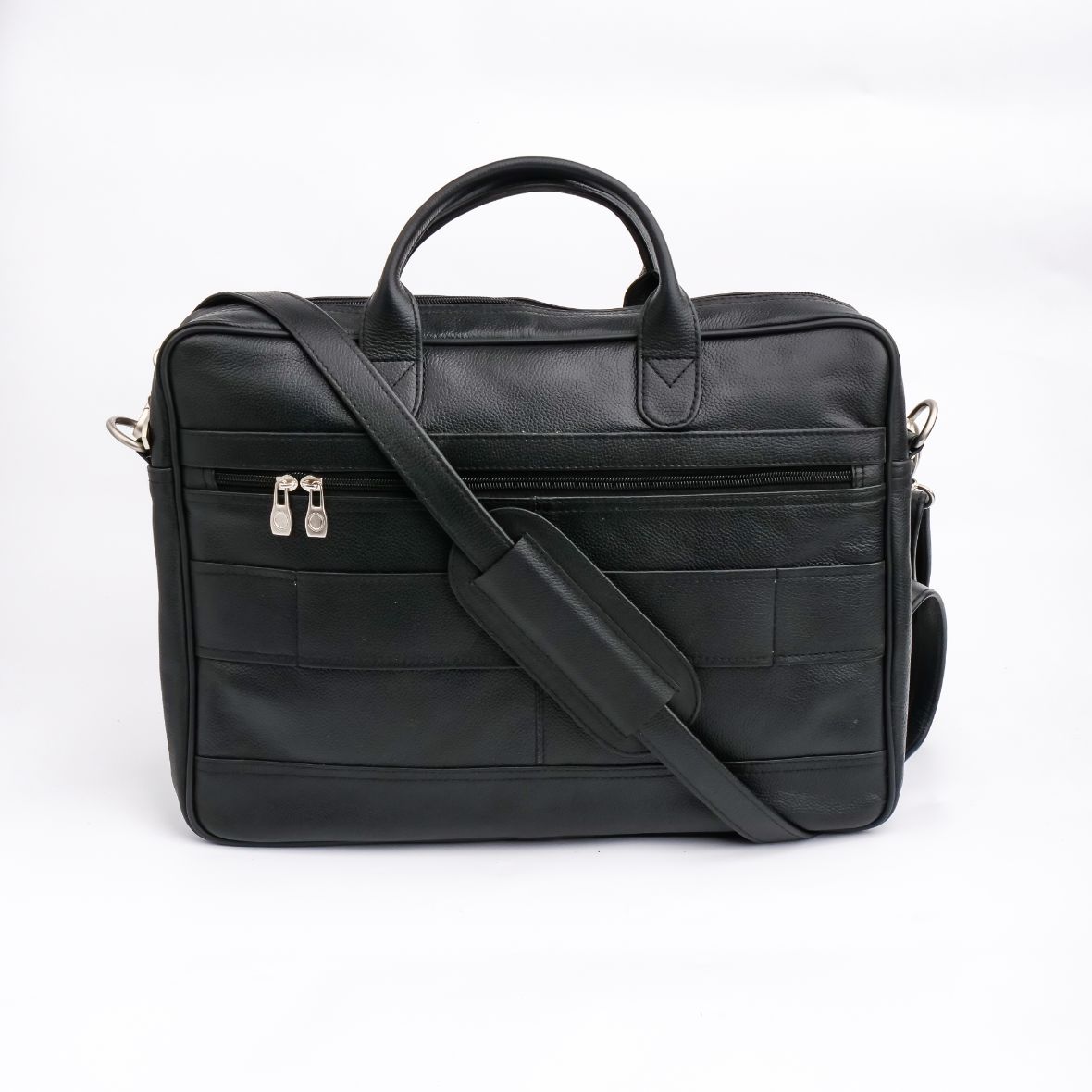 The Ultimate Leather Briefcase Bag in Black, showcasing premium top-grain cowhide leather with multiple compartments and an adjustable shoulder strap.