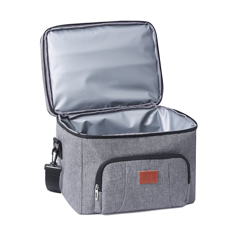 Thermal Insulation Waterproof Bag in gray, designed for hiking and camping, showcasing durable Oxford cloth and PEVA film materials.