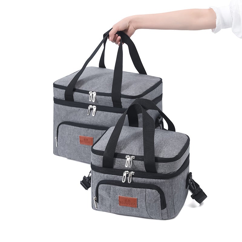 Thermal Insulation Waterproof Bag in gray, designed for hiking and camping, showcasing durable Oxford cloth and PEVA film materials.